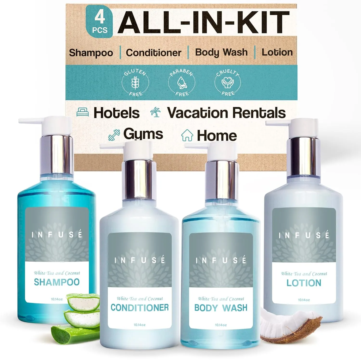 1-Shoppe Infuse 4 Piece Ecobox All-In-Kit | White Tea and Coconut Soap | 1 Shampoo, 1 Conditioner, 1 Body Wash and 1 Lotion | 10.14 oz Hotel Soaps and Toiletries Bulk | Personal Care Products
