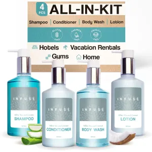 1-Shoppe Infuse 4 Piece Ecobox All-In-Kit | White Tea and Coconut Soap | 1 Shampoo, 1 Conditioner, 1 Body Wash and 1 Lotion | 10.14 oz Hotel Soaps and Toiletries Bulk | Personal Care Products