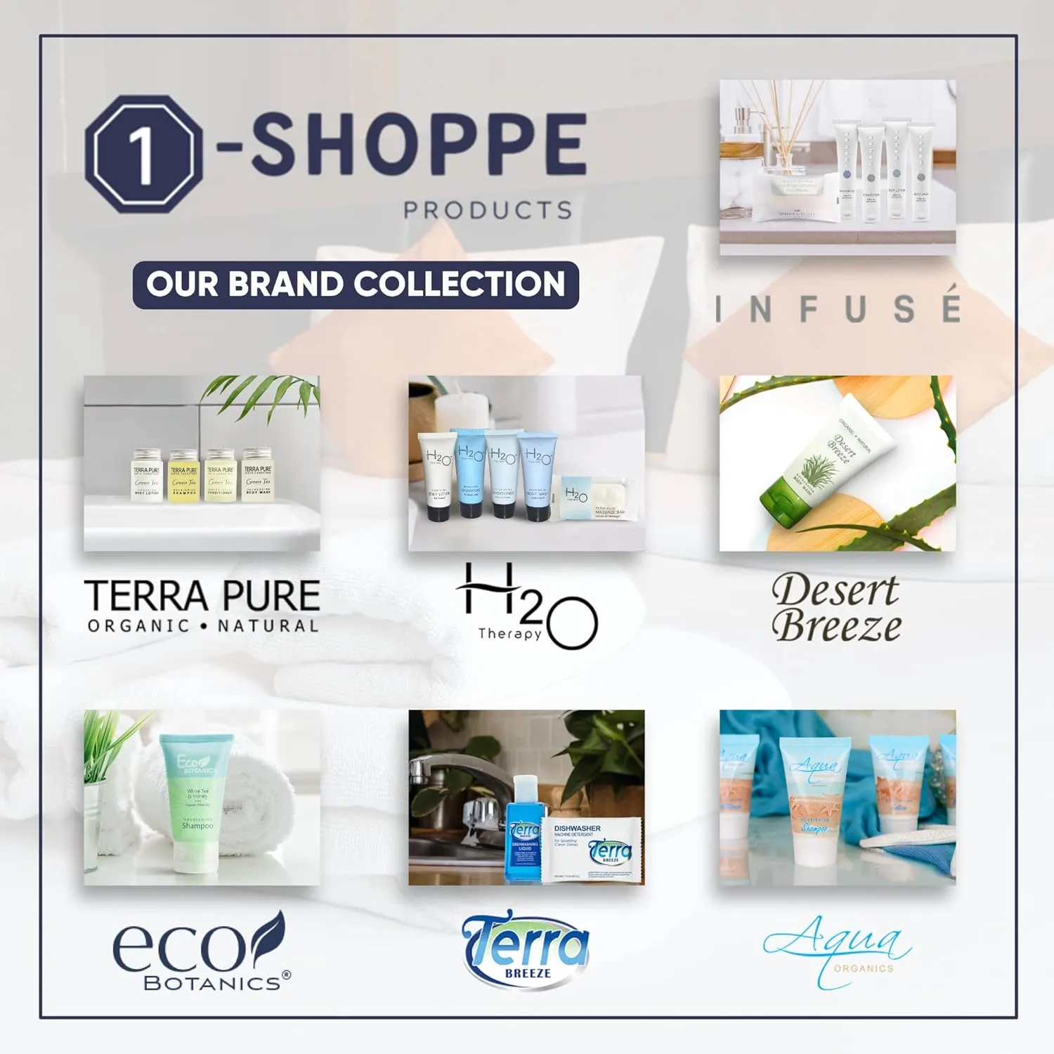 1-Shoppe Infuse 4 Piece Ecobox All-In-Kit | White Tea and Coconut Soap | 1 Shampoo, 1 Conditioner, 1 Body Wash and 1 Lotion | 10.14 oz Hotel Soaps and Toiletries Bulk | Personal Care Products