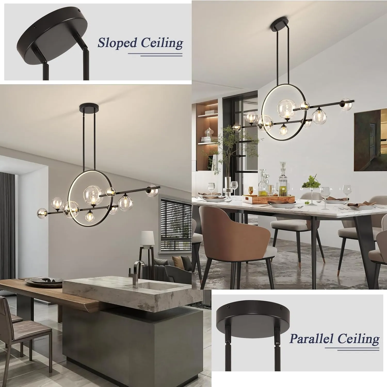 10 Lights Modern Pendant Light Fixtures, 54" Black Dimmable Mid-Century Dining Room Large Bubble Chandeliers, Linear Kitchen Island Lights with Spherical Clear Glass Shade for bar, Cafe