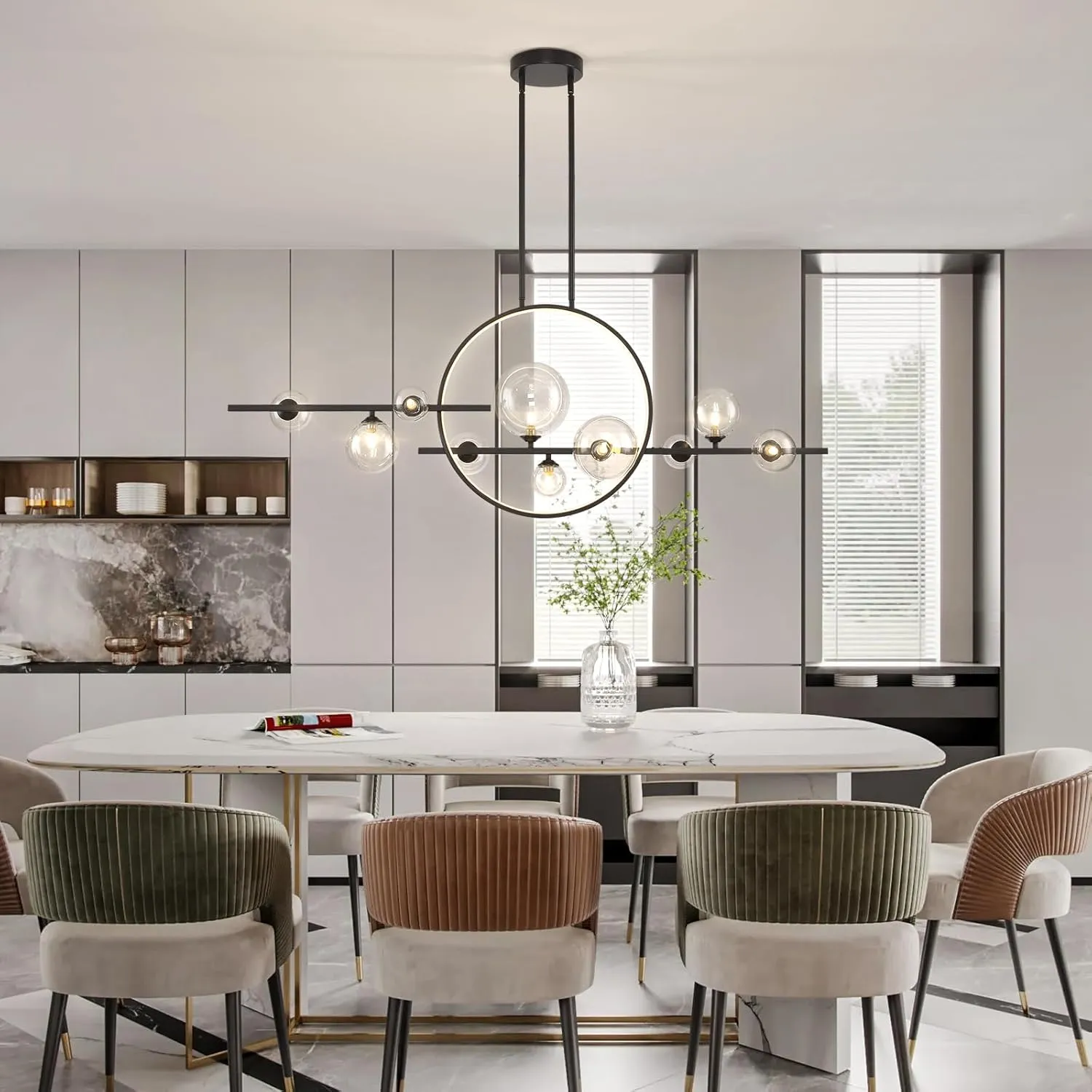 10 Lights Modern Pendant Light Fixtures, 54" Black Dimmable Mid-Century Dining Room Large Bubble Chandeliers, Linear Kitchen Island Lights with Spherical Clear Glass Shade for bar, Cafe