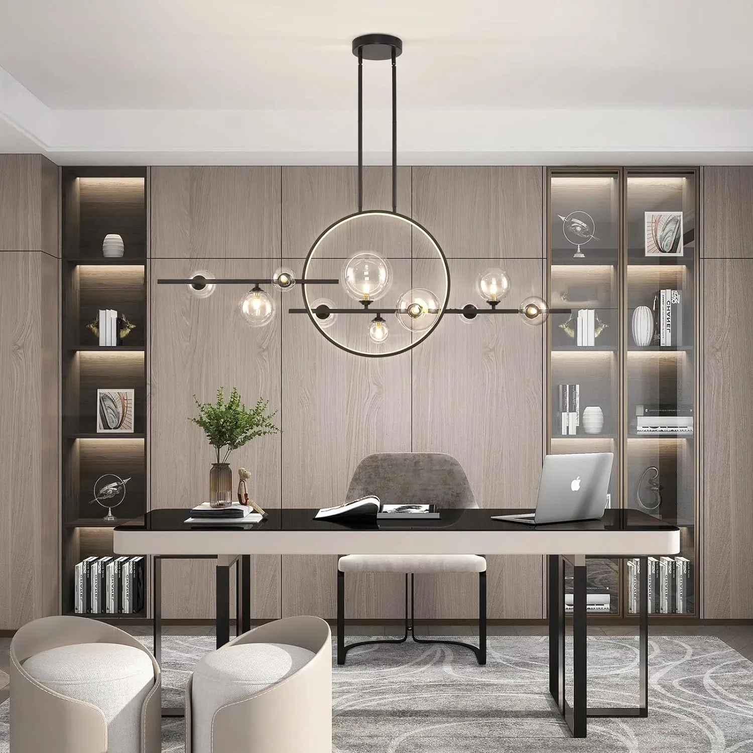 10 Lights Modern Pendant Light Fixtures, 54" Black Dimmable Mid-Century Dining Room Large Bubble Chandeliers, Linear Kitchen Island Lights with Spherical Clear Glass Shade for bar, Cafe
