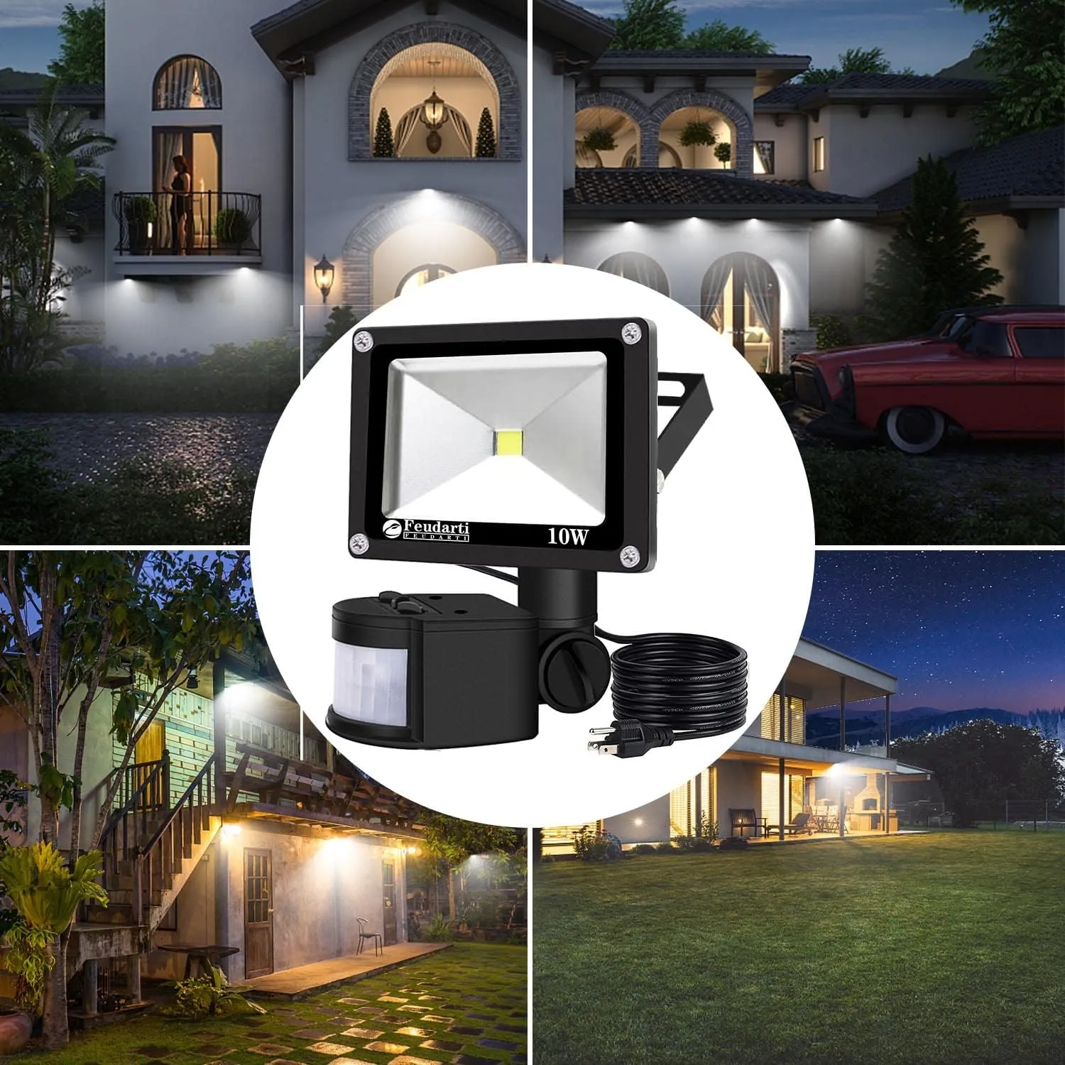 10W Electric Motion Sensor Flood Light Outdoor Night Light,110V LED Security Bulbs Garage Lighting Plug in 6500K IP65 Waterproof Spot for Garage Courtyard Patio Porch Entrance Security
