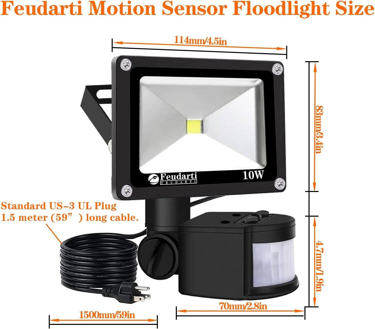 10W Electric Motion Sensor Flood Light Outdoor Night Light,110V LED Security Bulbs Garage Lighting Plug in 6500K IP65 Waterproof Spot for Garage Courtyard Patio Porch Entrance Security