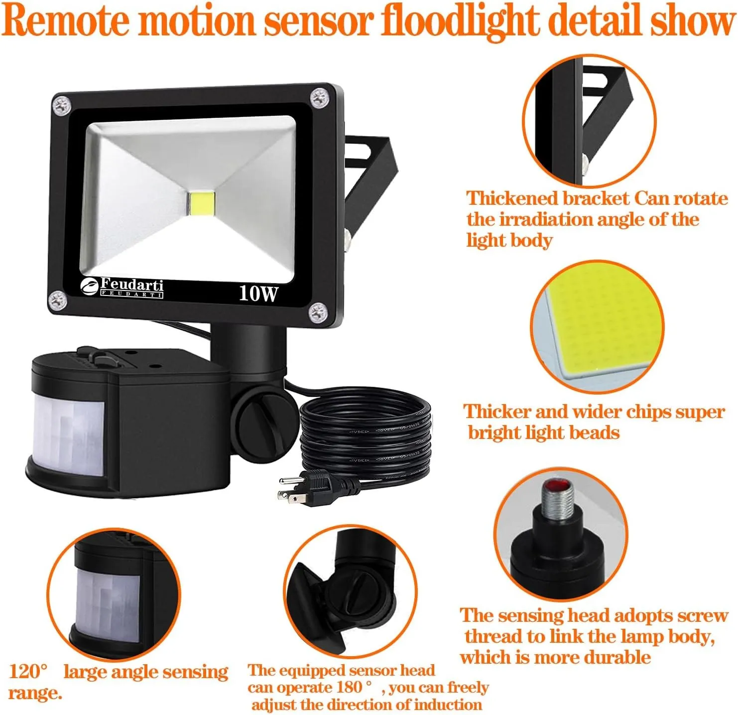 10W Electric Motion Sensor Flood Light Outdoor Night Light,110V LED Security Bulbs Garage Lighting Plug in 6500K IP65 Waterproof Spot for Garage Courtyard Patio Porch Entrance Security