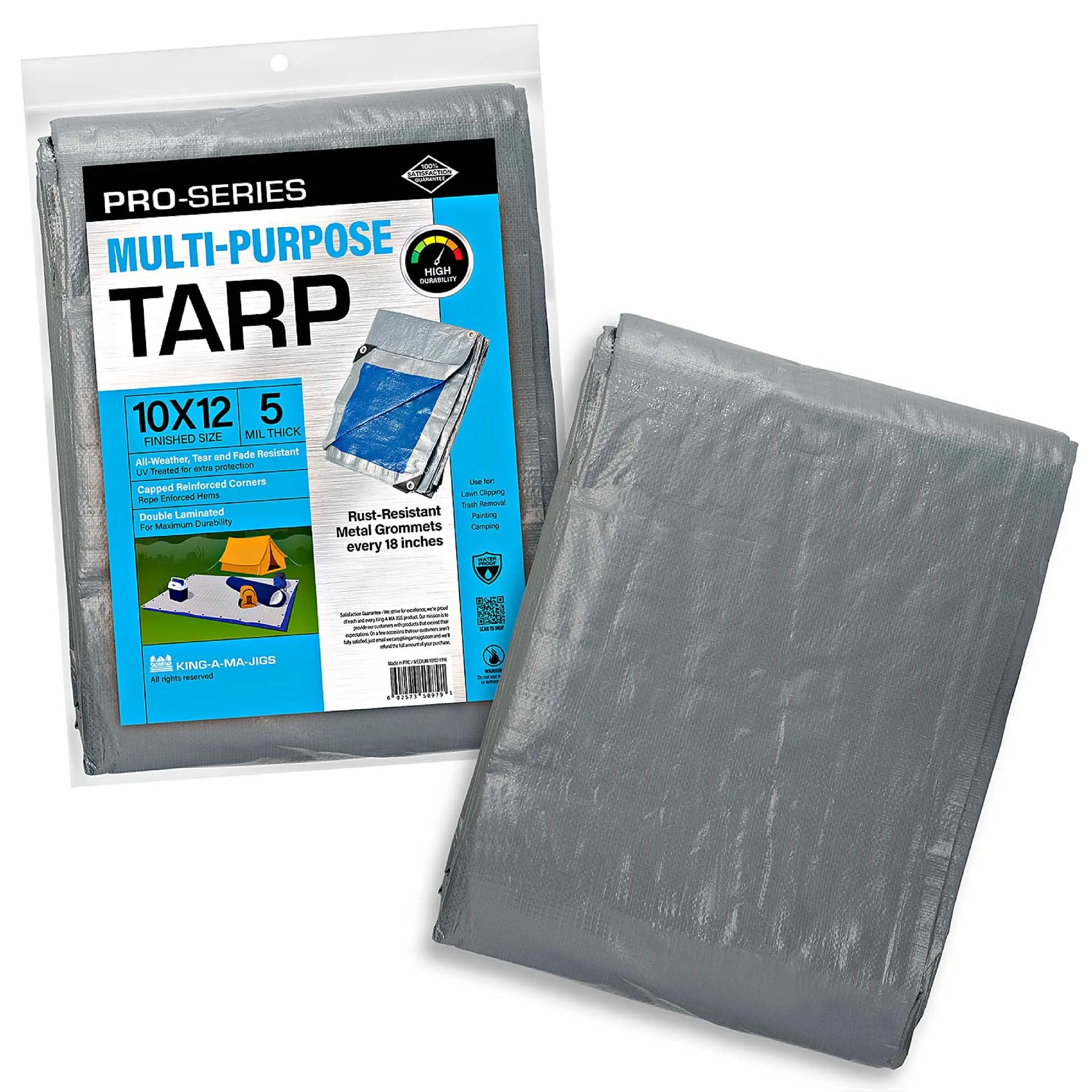 10x12 Ft Heavy-Duty Poly Tarp - Waterproof, 5 Mil Thick with Metal Grommets Every 18 Inches - Reversible Blue and Silver, Ideal for Emergency Shelter, Outdoor Cover & Camping