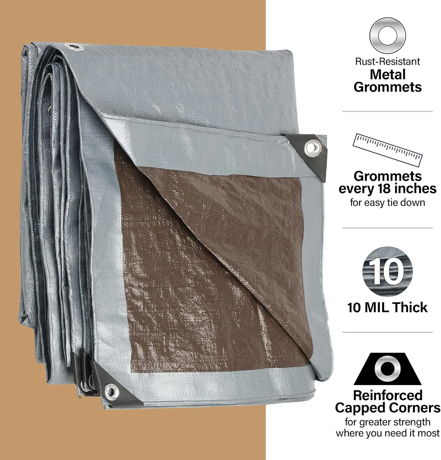 10x12 Heavy Duty Tarp, 10 Mil Thick, Waterproof, Tear & Fade Resistant, High Durability, UV Treated, Grommets Every 18 Inches. (Silver/Brown - Reversible) (10 x 12 Feet)