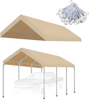 10'x20' Carport Replacement Top Canopy Cover for Car Garage Top Tarp Shelter, Waterproof Car Cover Tent for Party Garden Boat with Ball Bungees (Frame is not Included) (Ginger, 10' x 20')