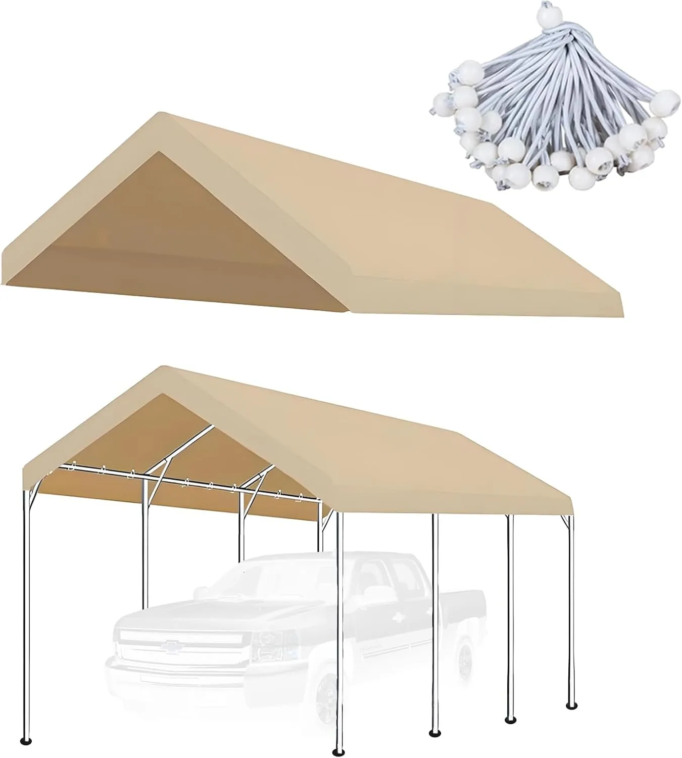 10'x20' Carport Replacement Top Canopy Cover for Car Garage Top Tarp Shelter, Waterproof Car Cover Tent for Party Garden Boat with Ball Bungees (Frame is not Included) (Ginger, 10' x 20')