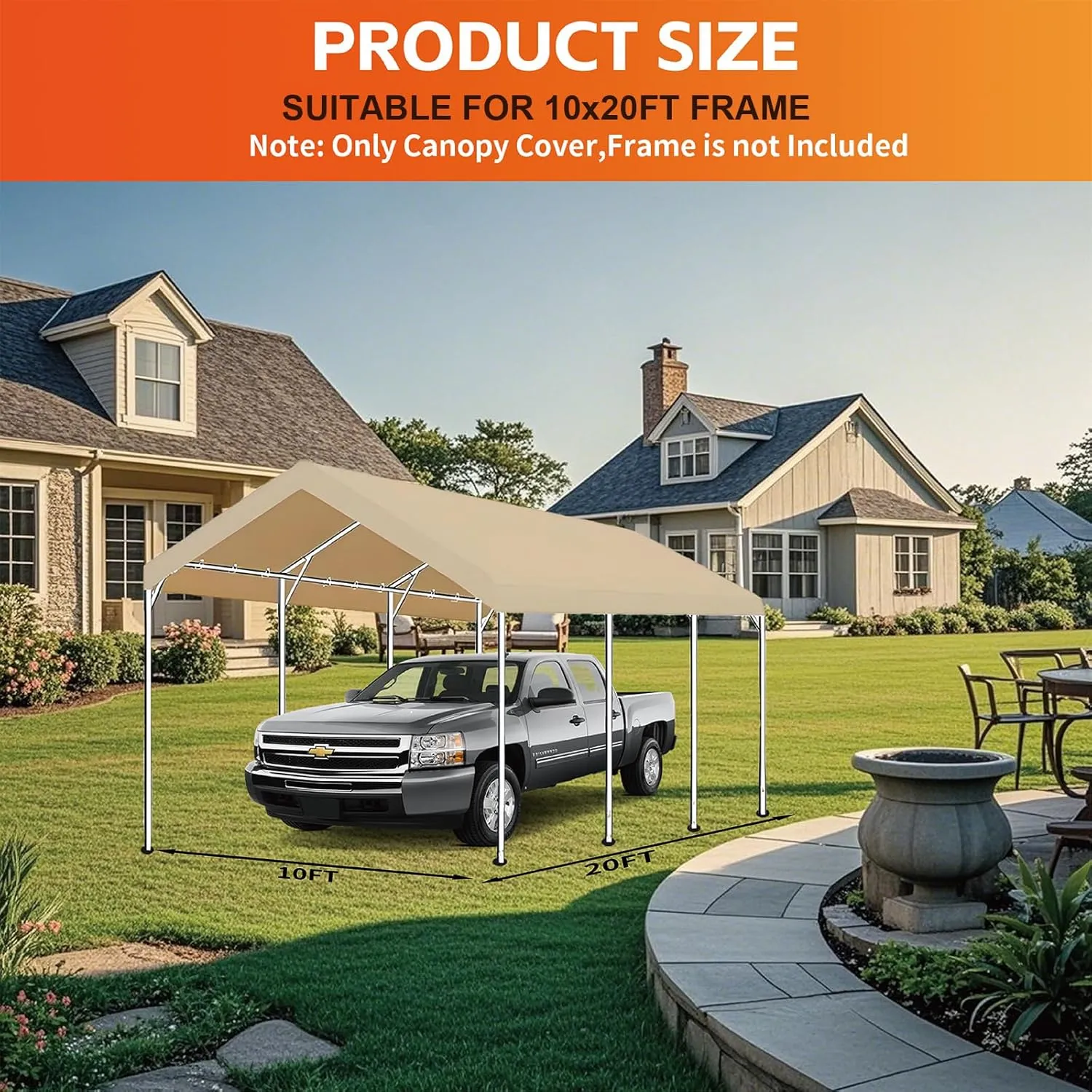 10'x20' Carport Replacement Top Canopy Cover for Car Garage Top Tarp Shelter, Waterproof Car Cover Tent for Party Garden Boat with Ball Bungees (Frame is not Included) (Ginger, 10' x 20')