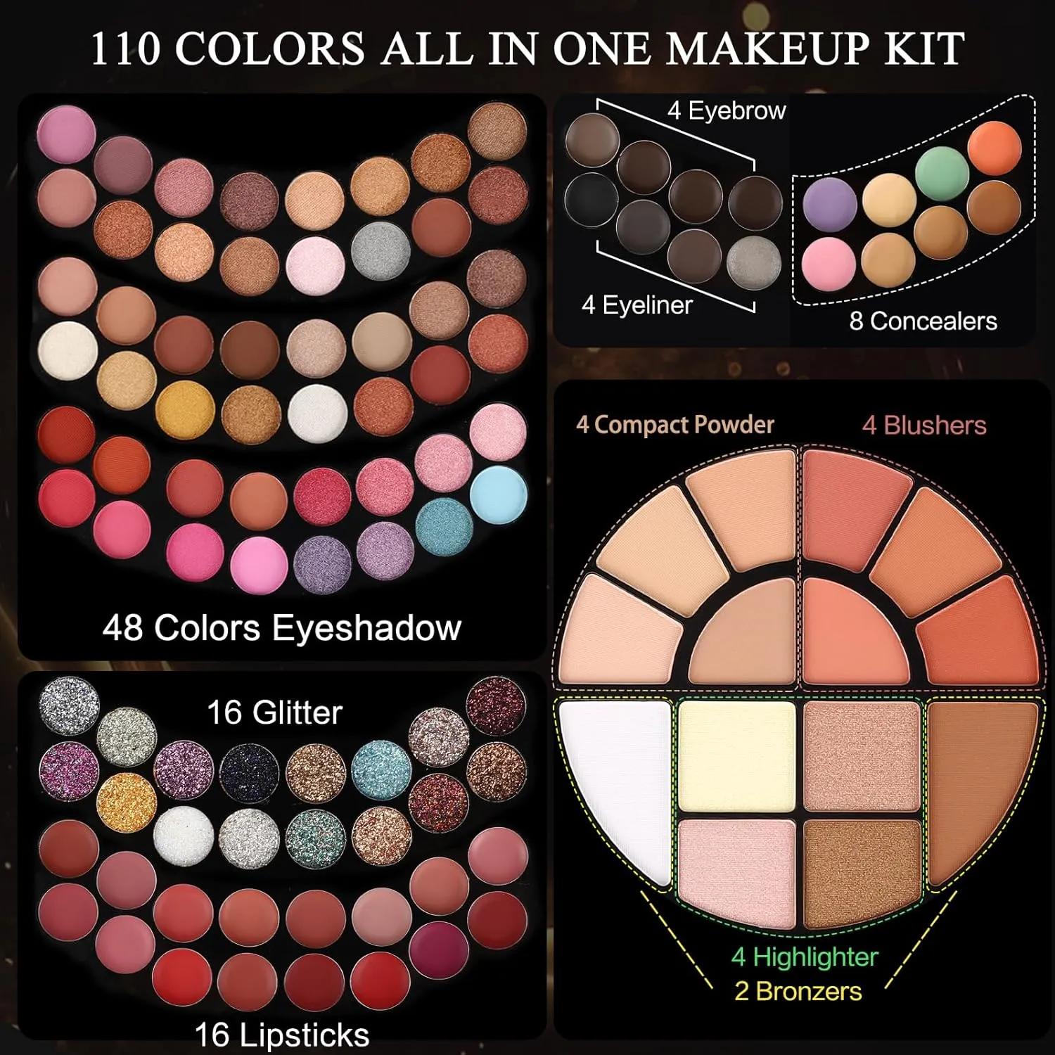 110 Colors Makeup Kit for Women Girl Full Kit Gift Set with Mirror All in One Make up Palette Included Eyeshadow Glitter Lipstick Concealer Eyeliner Eyebrow Highlighter Contour Blusher Compact PowderN