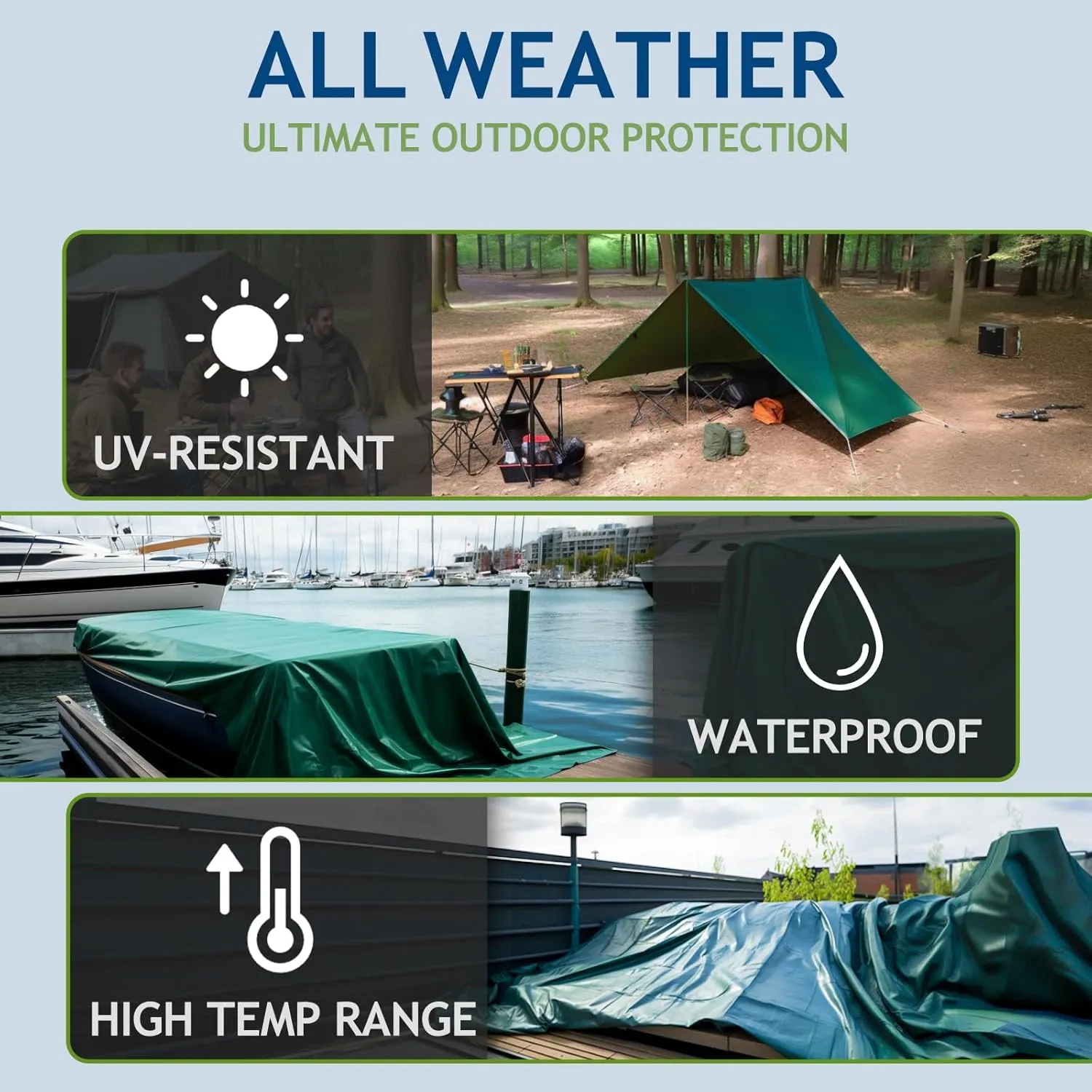 16 Mil Heavy Duty Waterproof Tarps, 10x12 Ft Finished Size Tarps, Premium Tarp with Metal Grommets & Reinforced Edge, Multipurpose Thick Tarp for Car, Boat, Roof, Camping - Green