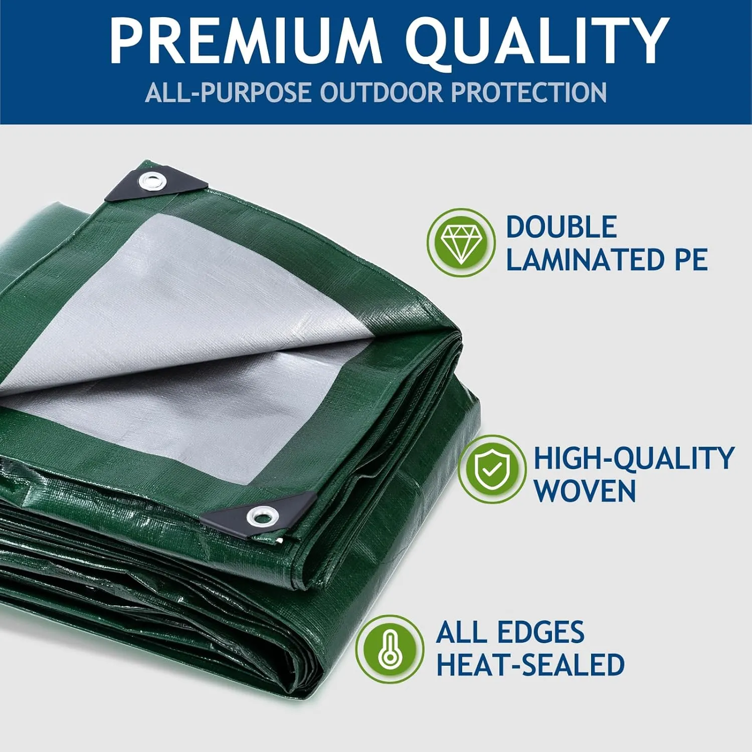 16 Mil Heavy Duty Waterproof Tarps, 10x12 Ft Finished Size Tarps, Premium Tarp with Metal Grommets & Reinforced Edge, Multipurpose Thick Tarp for Car, Boat, Roof, Camping - Green