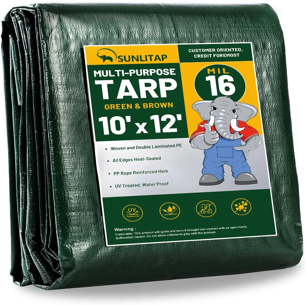 16 Mil Heavy Duty Waterproof Tarps, 10x12 Ft Finished Size Tarps, Premium Tarp with Metal Grommets & Reinforced Edge, Multipurpose Thick Tarp for Car, Boat, Roof, Camping - Green