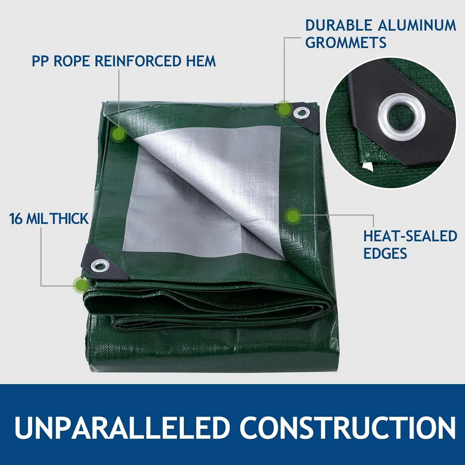 16 Mil Heavy Duty Waterproof Tarps, 10x12 Ft Finished Size Tarps, Premium Tarp with Metal Grommets & Reinforced Edge, Multipurpose Thick Tarp for Car, Boat, Roof, Camping - Green