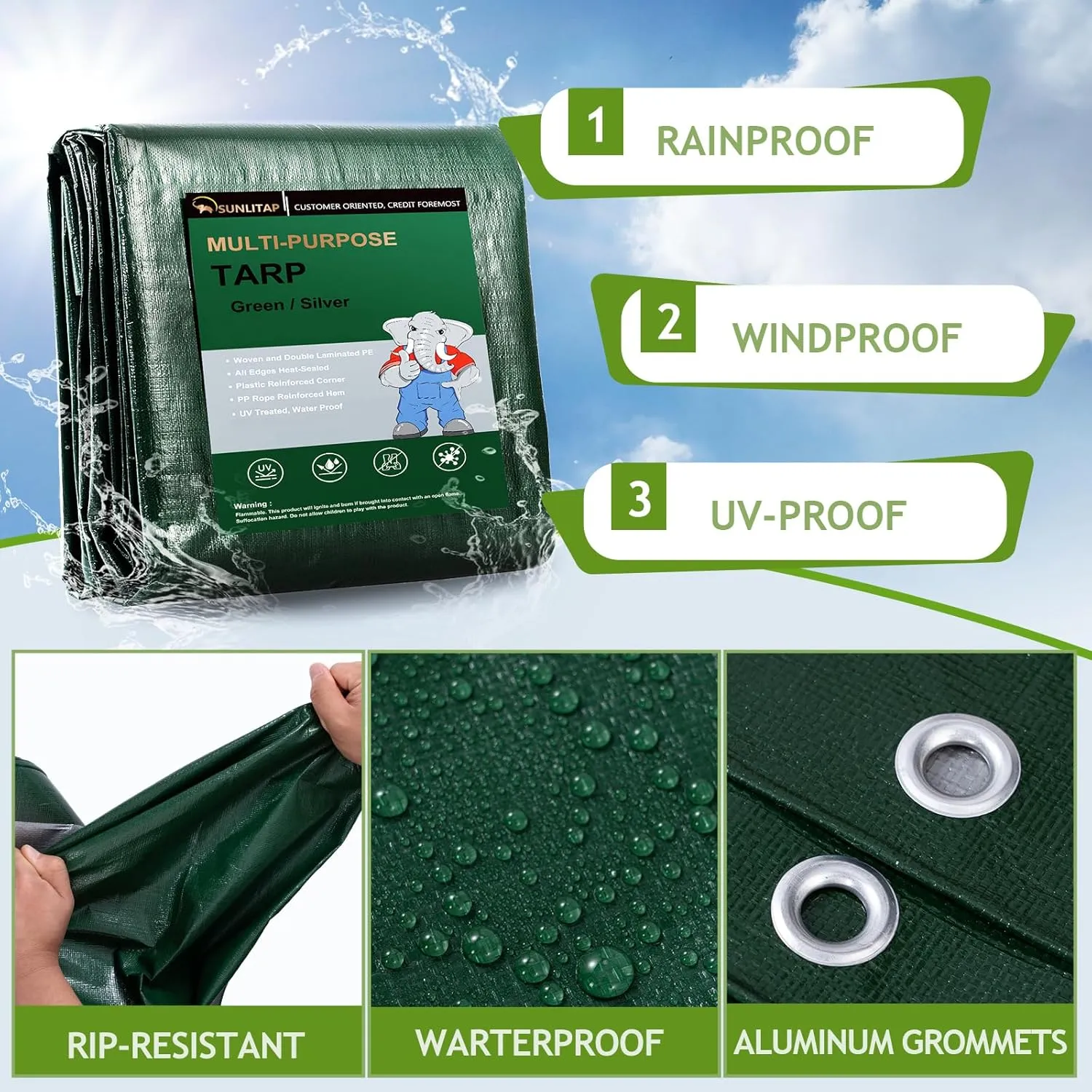16 Mil Heavy Duty Waterproof Tarps, 10x12 Ft Finished Size Tarps, Premium Tarp with Metal Grommets & Reinforced Edge, Multipurpose Thick Tarp for Car, Boat, Roof, Camping - Green
