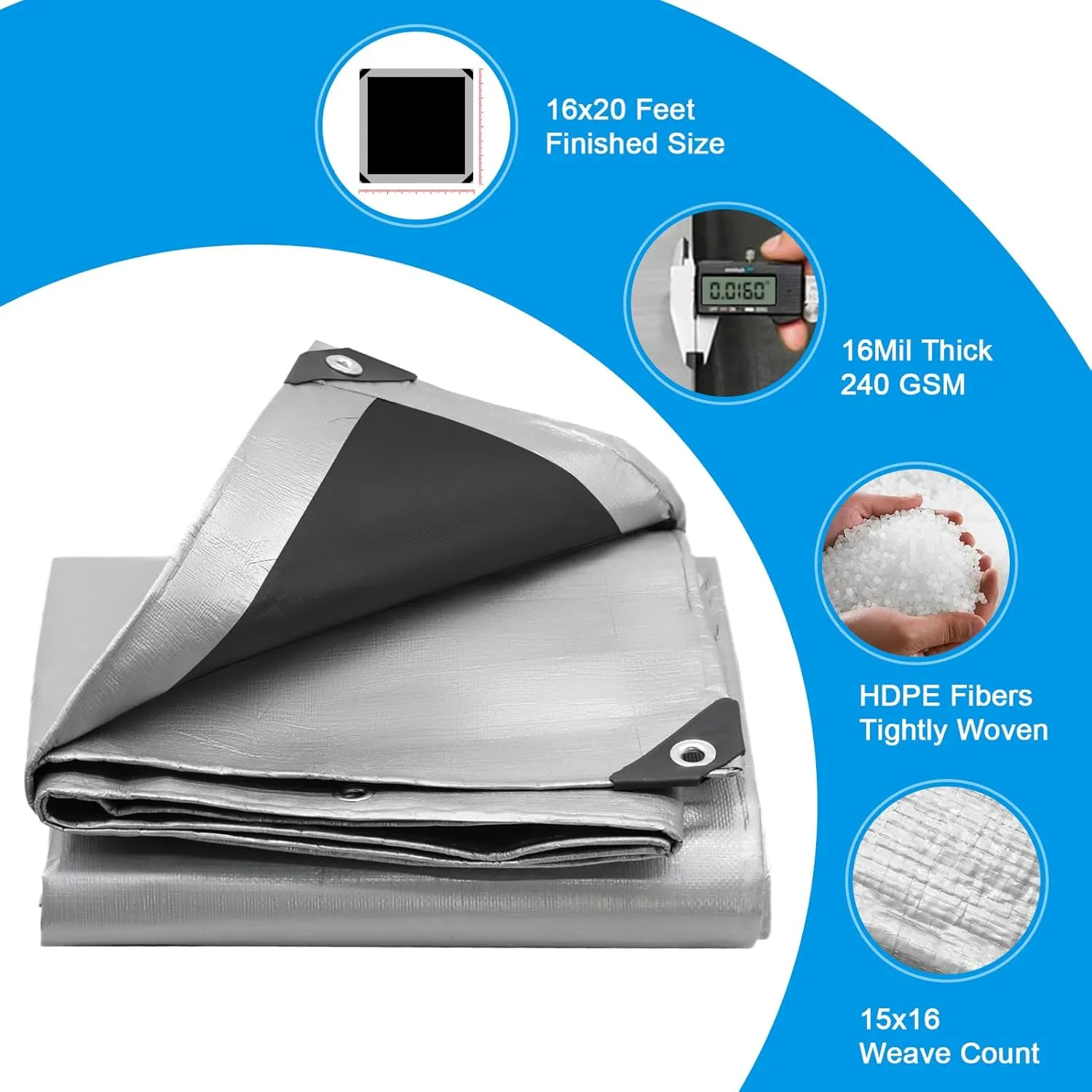 16Mil Tarps Heavy Duty Waterproof 16x20 Finished Size, Large Outdoor Multipurpose Protective Cover (Silver/Black)
