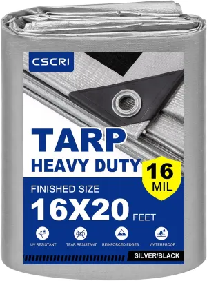16Mil Tarps Heavy Duty Waterproof 16x20 Finished Size, Large Outdoor Multipurpose Protective Cover (Silver/Black)