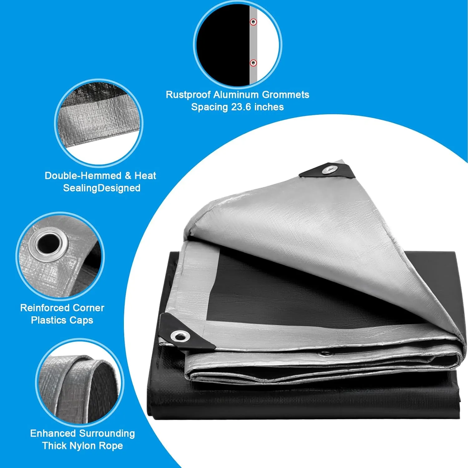 16Mil Tarps Heavy Duty Waterproof 16x20 Finished Size, Large Outdoor Multipurpose Protective Cover (Silver/Black)