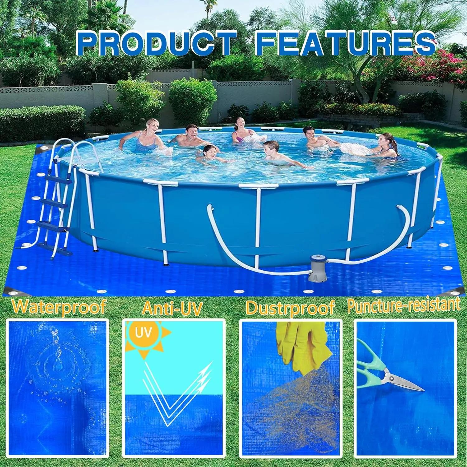 19 X 19 Ft Square Tarps Pad for Above Ground Pool 18 Ft, Thick Waterproof Anti-Puncture Swimming Pool Ground Cloth Liner Pad UV Resistant Under Floor Mat Pool Underlayment with Metal Grommets