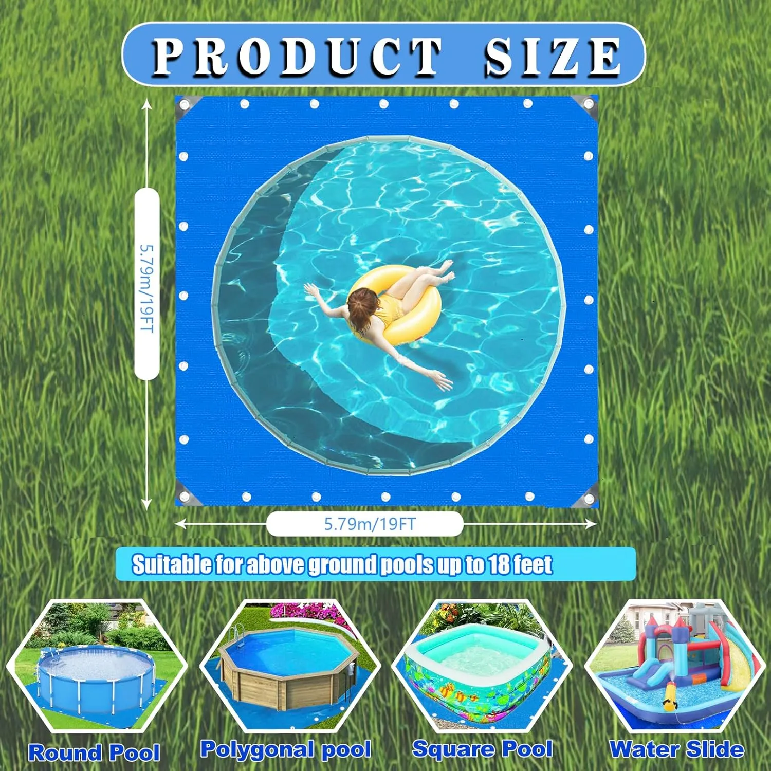19 X 19 Ft Square Tarps Pad for Above Ground Pool 18 Ft, Thick Waterproof Anti-Puncture Swimming Pool Ground Cloth Liner Pad UV Resistant Under Floor Mat Pool Underlayment with Metal Grommets