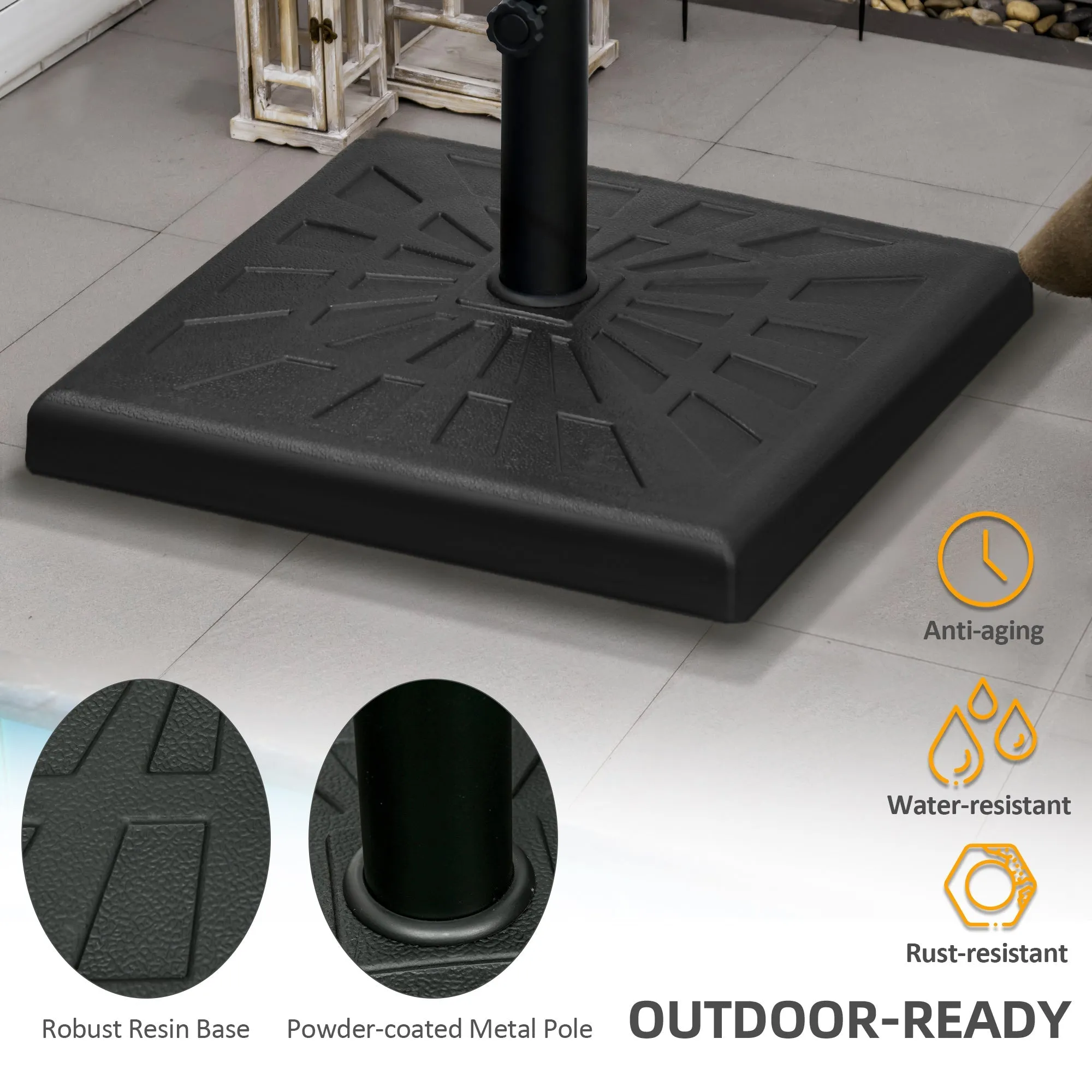 19kg Resin Garden Parasol Base Holder, Square Outdoor Market Umbrella Stand Weight for Poles of Φ32mm, Φ38mm, and Φ48mm, Black