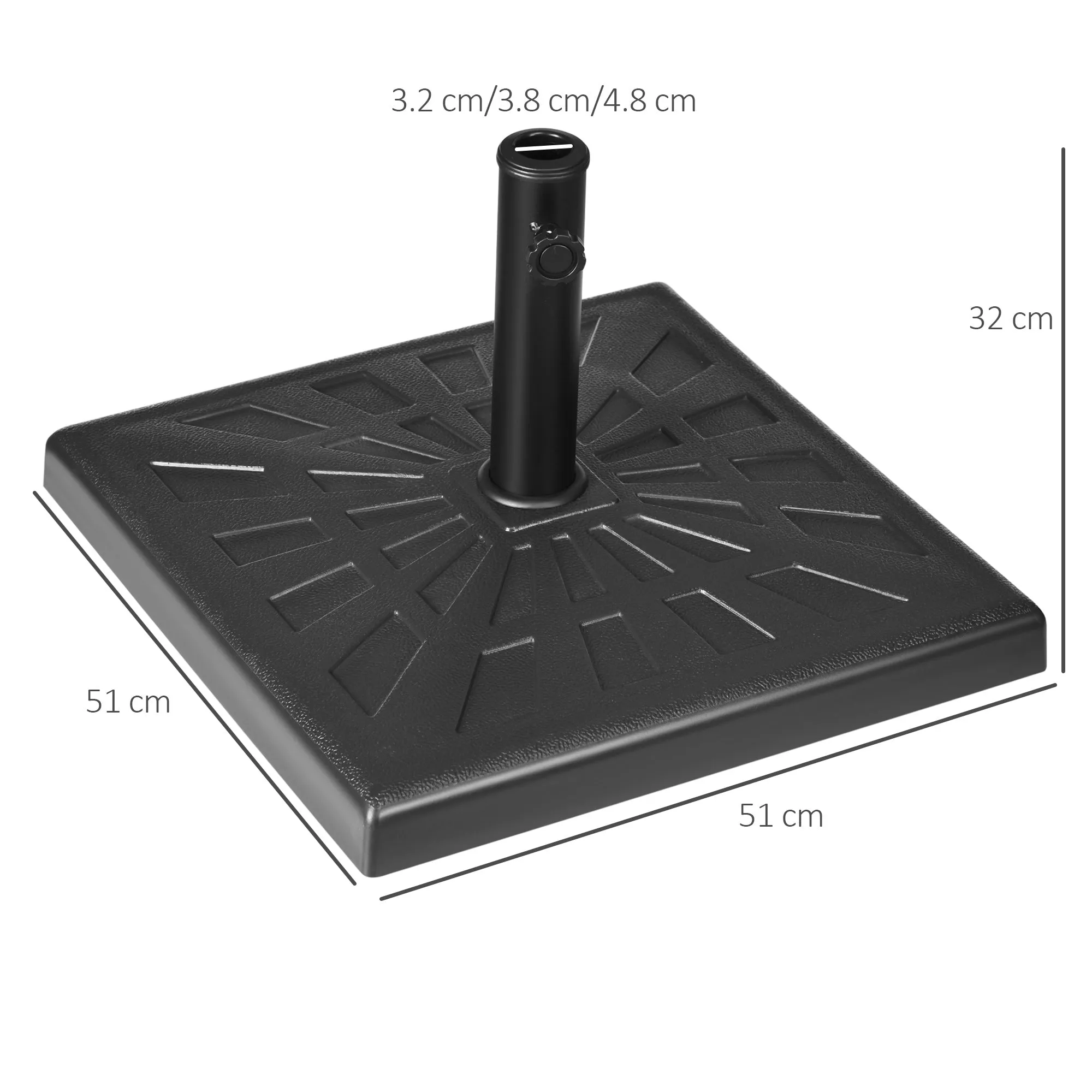 19kg Resin Garden Parasol Base Holder, Square Outdoor Market Umbrella Stand Weight for Poles of Φ32mm, Φ38mm, and Φ48mm, Black