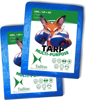 2 in a Pack, 6x8 Feet, 5 Mil Thick, Cheap Blue Taditus Poly Tarps, Budget-Friendly, Waterproof Multipurpose Protective Cover for Home, Boat, Car, Camping