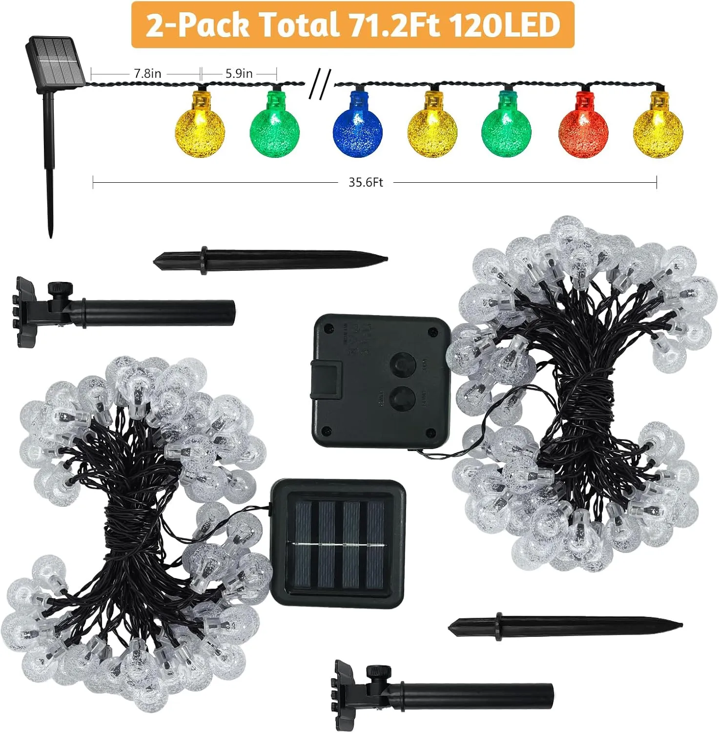 2 Pack 120 LED Solar String Lights Outdoor Waterproof, 72 FT Crystal Globe Lights with 8 Lighting Modes, Solar Powered Light Outdoor for Garden Wedding Party Decor