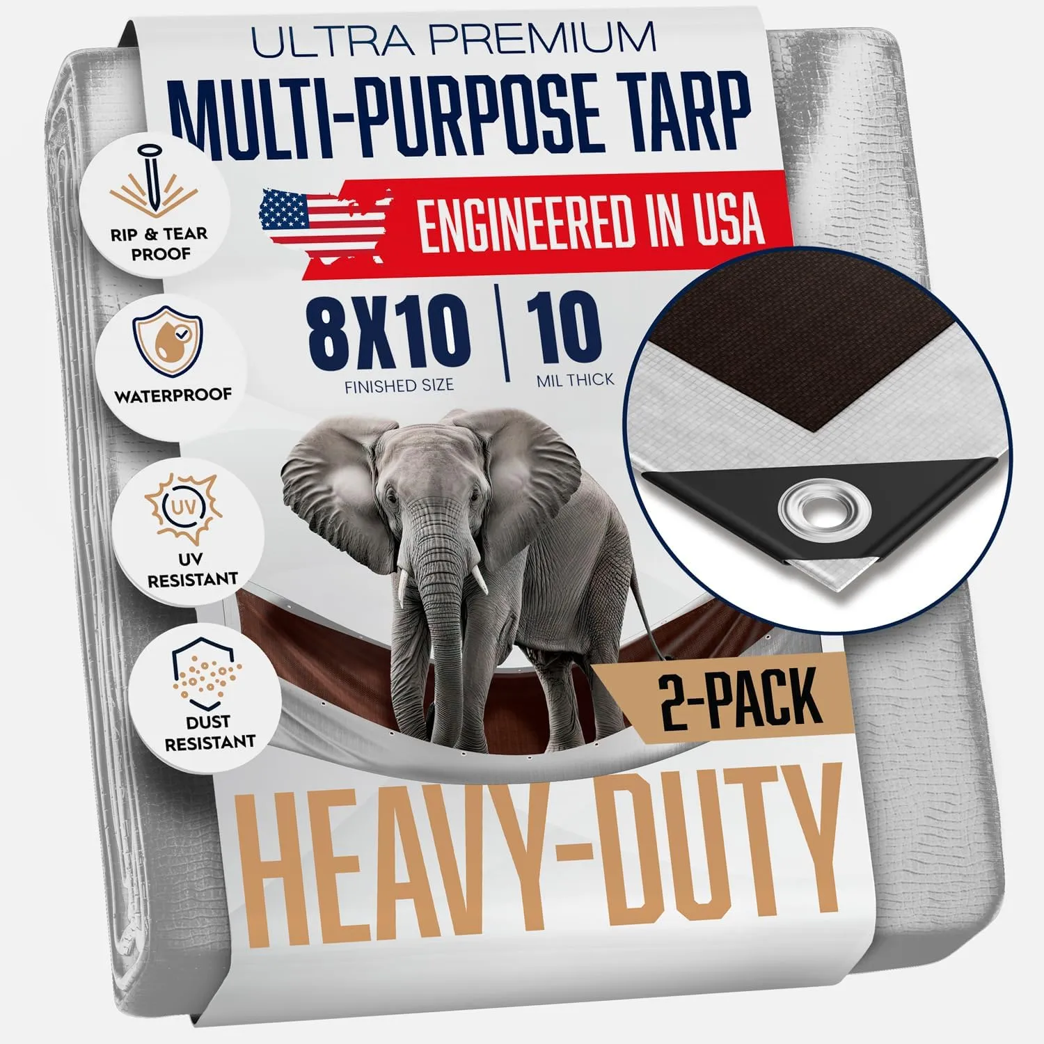 (2 Pack) 8x10 Heavy Duty Tarp, 10 Mil Thick, High Durability, Tear & Fade Resistant, UV Treated, Grommets Every 18 Inches (8' x '10' - 2 Pack)