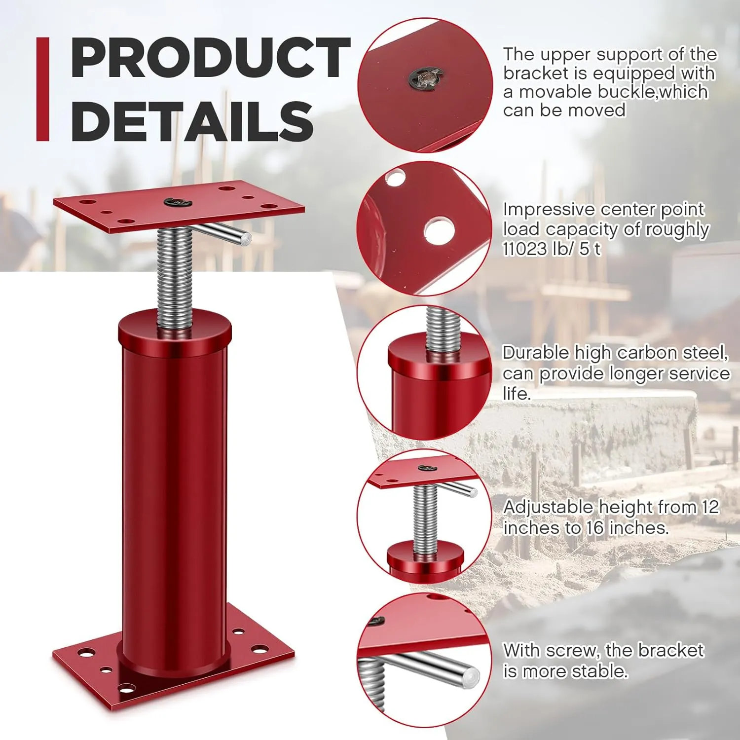 2 Pcs Adjustable Jack Post, 12"-16" Height Range, Basement Floor House Screw Jacks for Lifting Joist Beam Brace for Cellar Ceiling, Center Point Load Capacity 11023 Lbs, Red