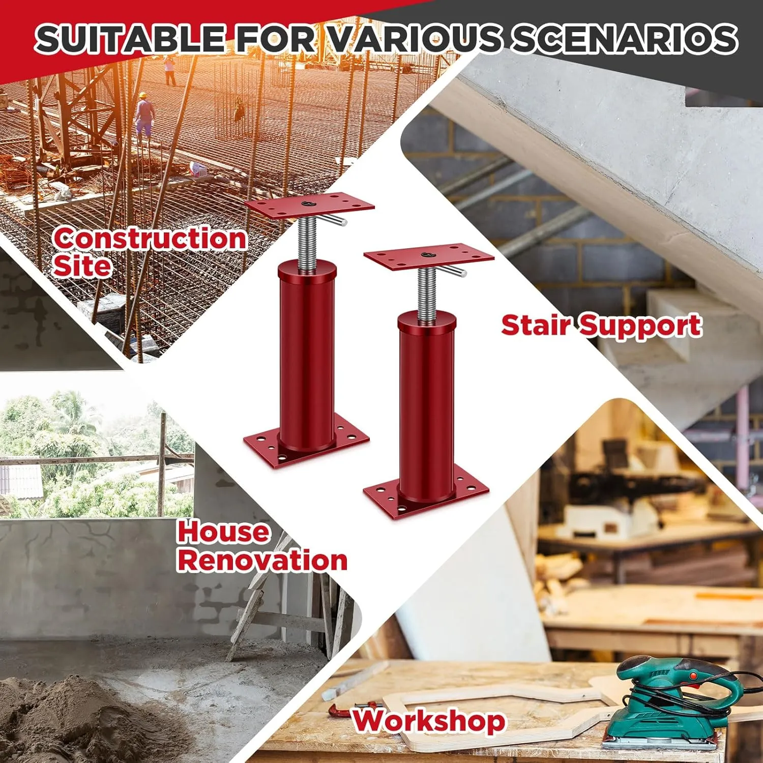 2 Pcs Adjustable Jack Post, 12"-16" Height Range, Basement Floor House Screw Jacks for Lifting Joist Beam Brace for Cellar Ceiling, Center Point Load Capacity 11023 Lbs, Red