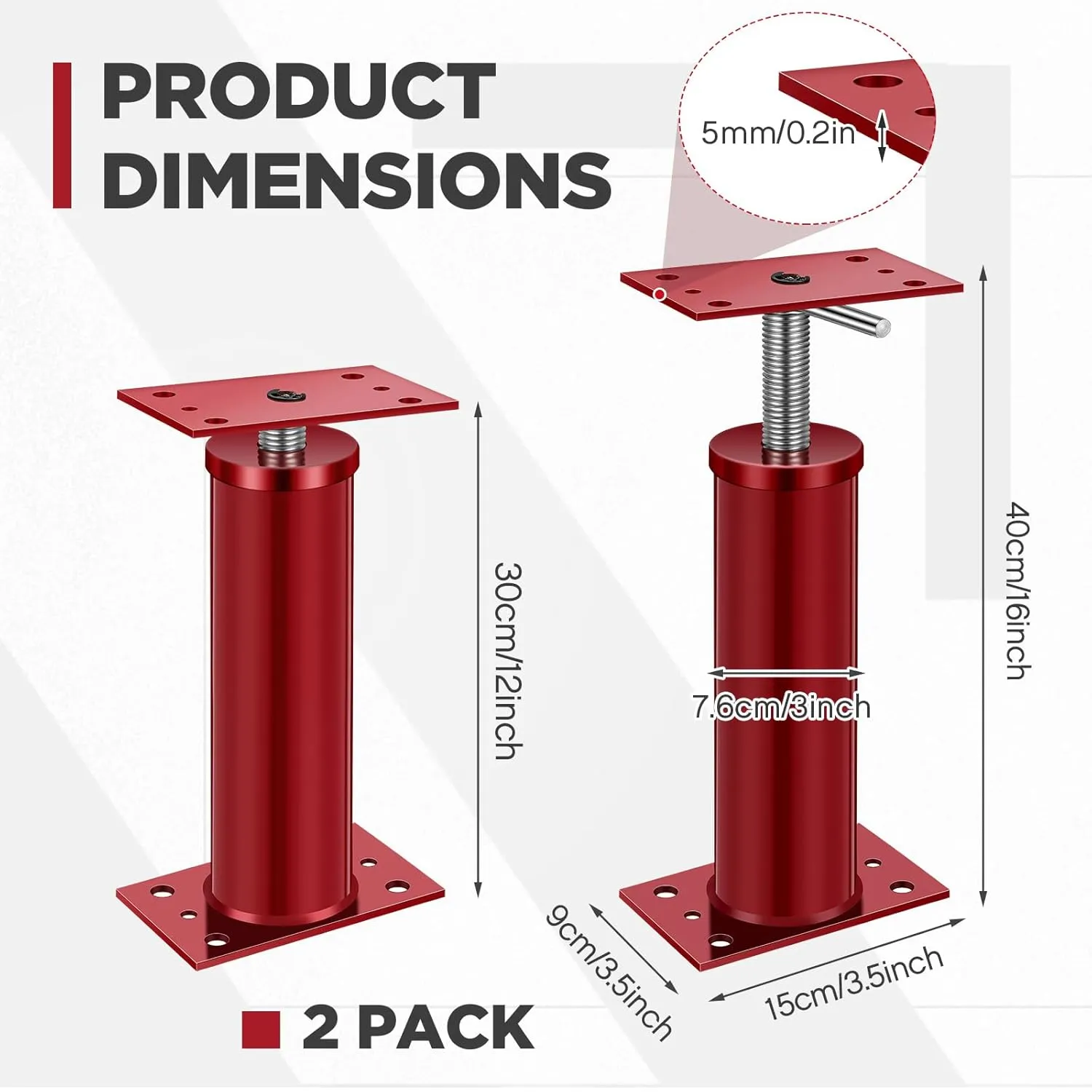 2 Pcs Adjustable Jack Post, 12"-16" Height Range, Basement Floor House Screw Jacks for Lifting Joist Beam Brace for Cellar Ceiling, Center Point Load Capacity 11023 Lbs, Red