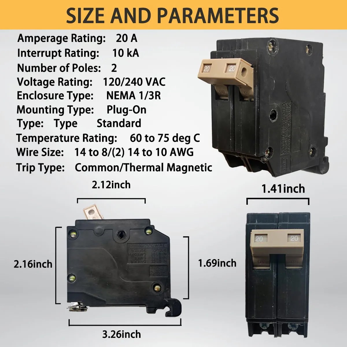 20 Amp 2-Pole Circuit Breaker, 3/4-Inch Plug-in Type Molded Case Circuit Breaker, Compatible with OEM Load Centers, 10KA 120/240V, Thermal Magnetic Protection, Genuine OEM-10 Years Warranty