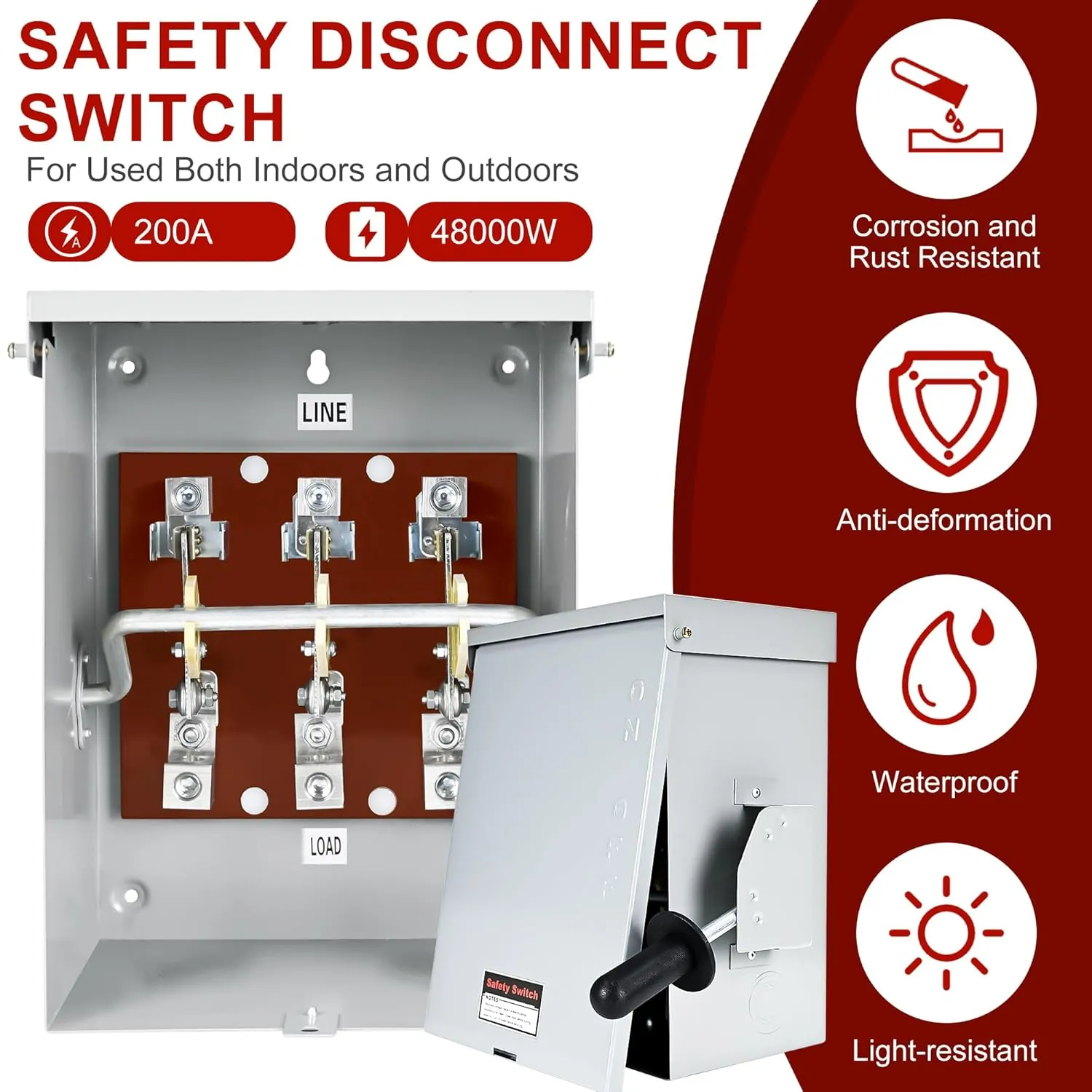 200-Amp, 3 Pole 120V/240V General Safety Switch, Non-Fused AC Disconnect Switch Box, Outdoor&Indoor, NEMA-3R Enclosure, Anti Corrosion and Rust Prevention with Ground Kit (200A)