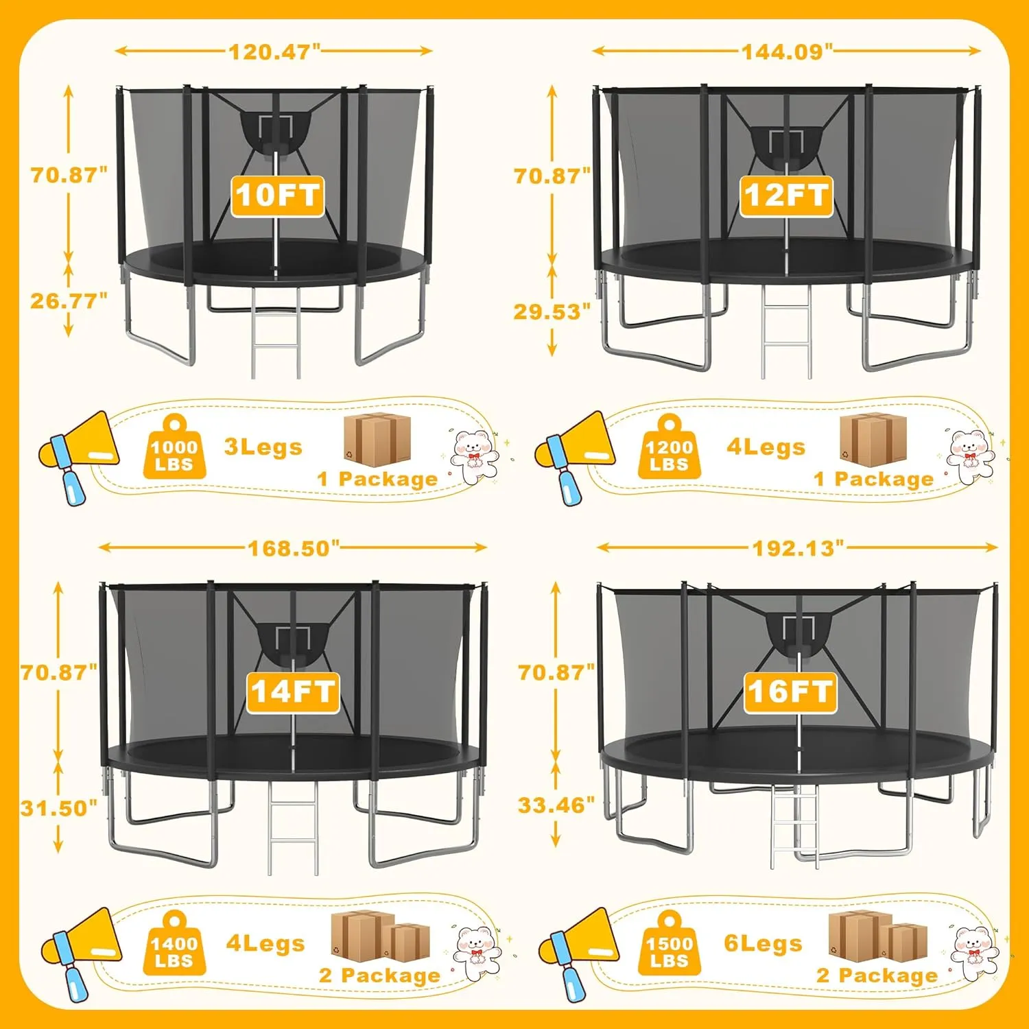 2025 Upgrade 1500LBS Outdoor Tranpoline for Kids and Adults 【Easy to Install & Built to Last】 10FT 12FT 14FT 16FT Recreational Tranpolines with Net, Basketball Hoop and Ladder, ASTM Approved