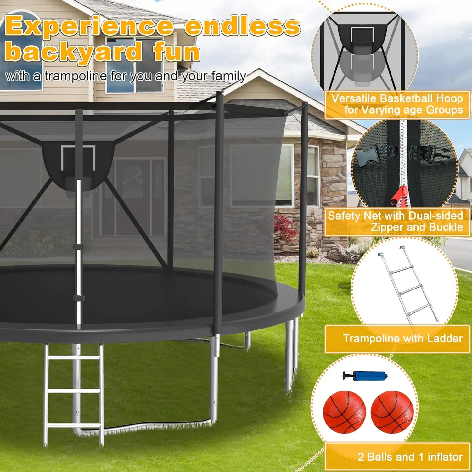 2025 Upgrade 1500LBS Outdoor Tranpoline for Kids and Adults 【Easy to Install & Built to Last】 10FT 12FT 14FT 16FT Recreational Tranpolines with Net, Basketball Hoop and Ladder, ASTM Approved