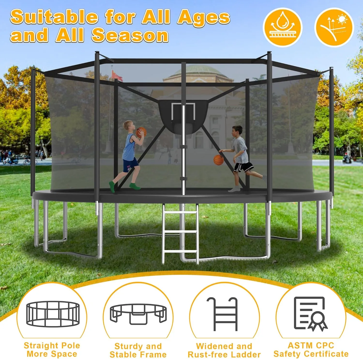2025 Upgrade 1500LBS Outdoor Tranpoline for Kids and Adults 【Easy to Install & Built to Last】 10FT 12FT 14FT 16FT Recreational Tranpolines with Net, Basketball Hoop and Ladder, ASTM Approved