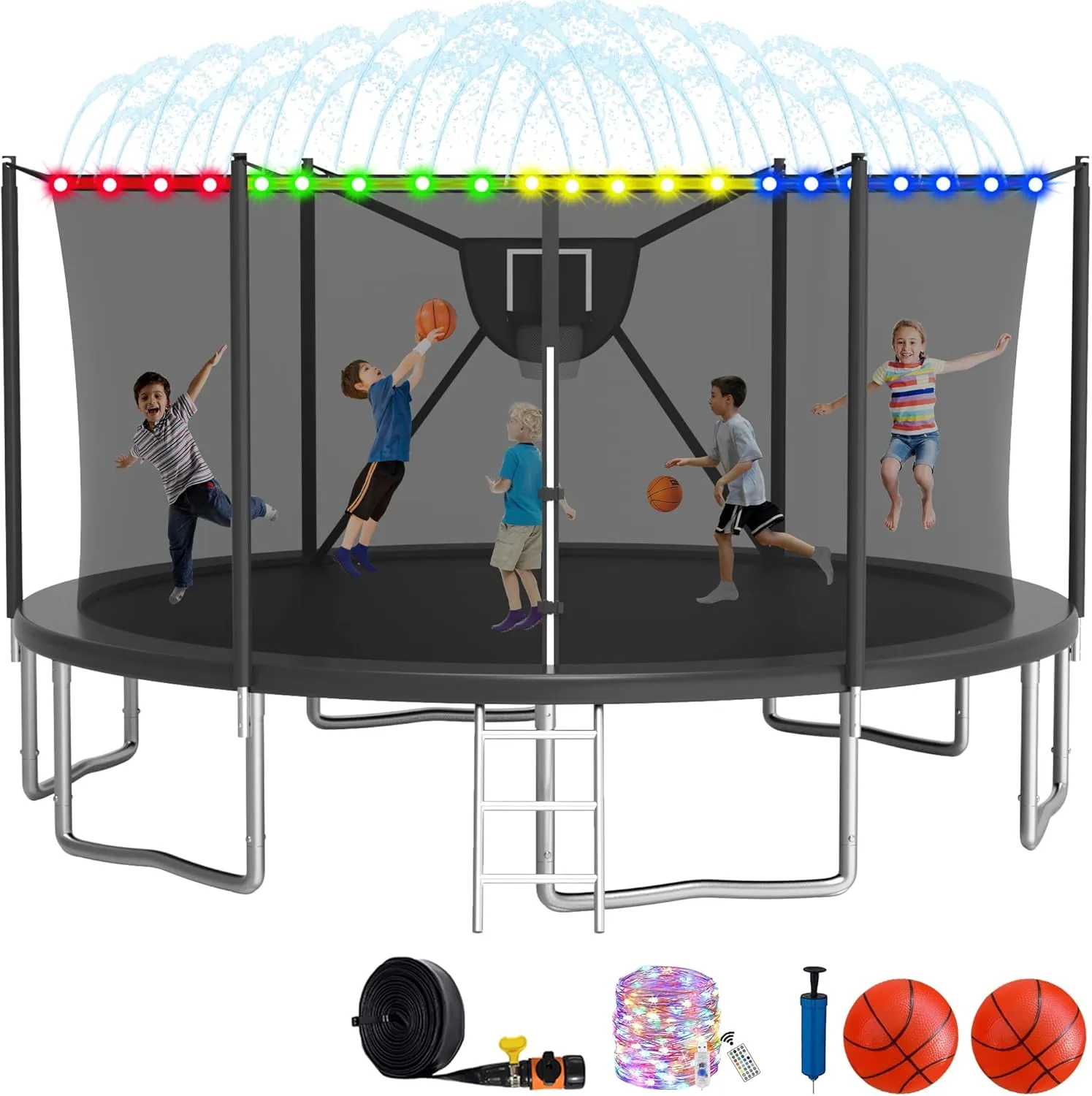 2025 Upgrade 1500LBS Outdoor Tranpoline for Kids and Adults 【Easy to Install & Built to Last】 10FT 12FT 14FT 16FT Recreational Tranpolines with Net, Basketball Hoop and Ladder, ASTM Approved