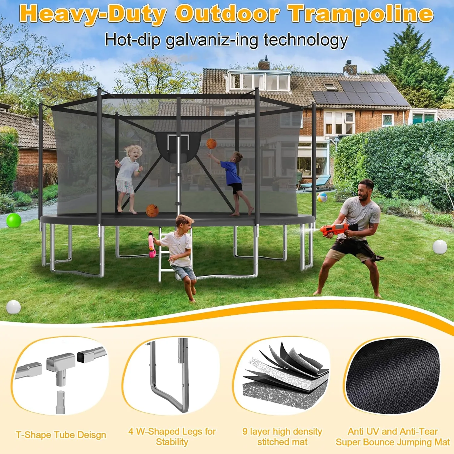 2025 Upgrade 1500LBS Outdoor Tranpoline for Kids and Adults 【Easy to Install & Built to Last】 10FT 12FT 14FT 16FT Recreational Tranpolines with Net, Basketball Hoop and Ladder, ASTM Approved