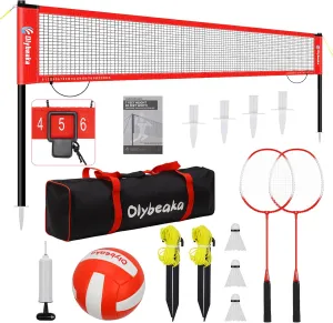 20ft Volleyball & Badminton Combo Net Set Outdoor for Backyard Beach with Adjustable Poles, Durable Anti-Sag Net, PU Volleyball, 2 Aluminum Rackets, Carry Bag for Easy Portable