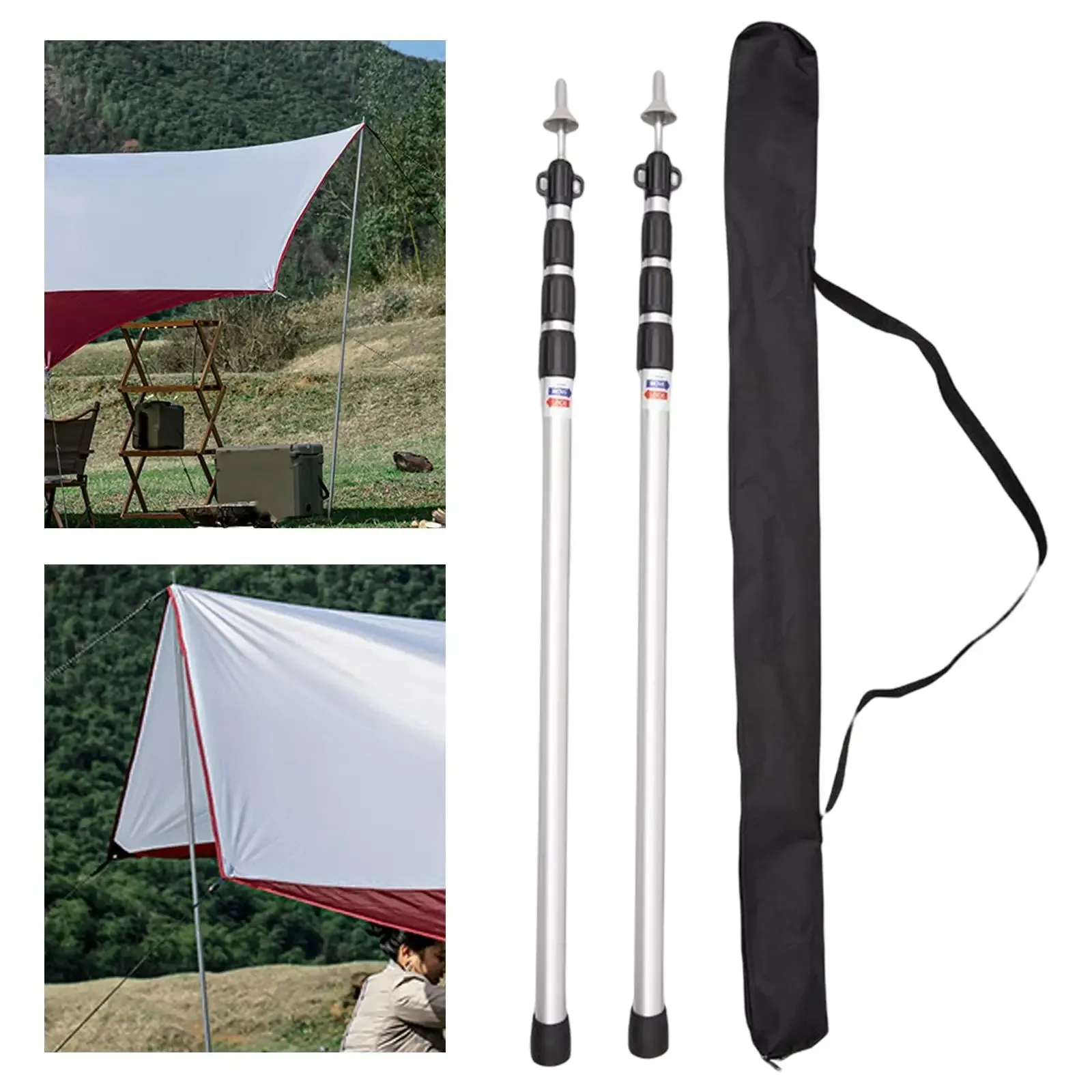 2Pcs Telescoping Tarp Poles Adjustable Aluminum Rods 2.8m Camping Awning Pole Adjustable Canopy Support Pole Tent Canopy Tarp