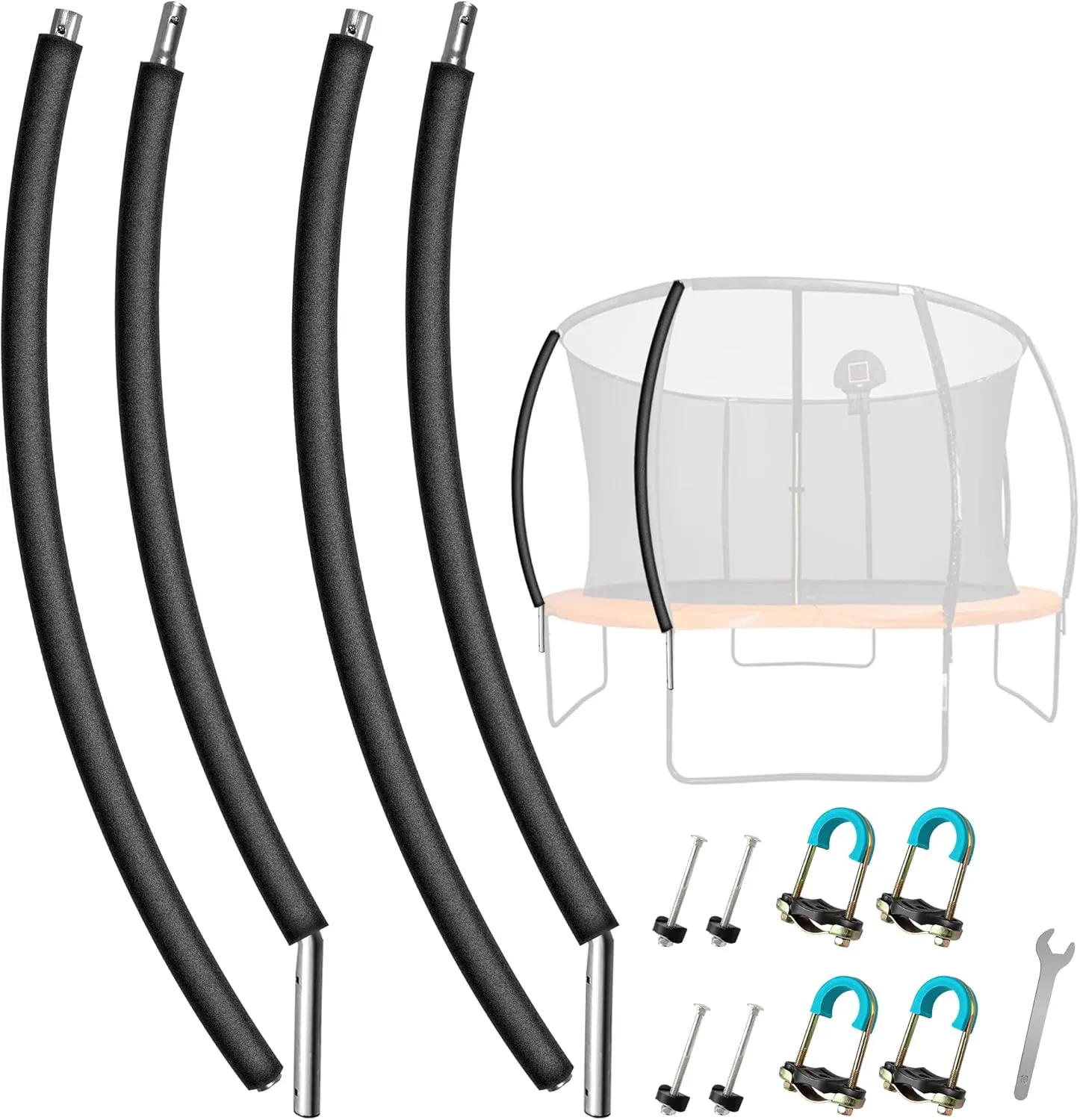 2PCS Trampoline Curved Replacement Pole, Universal Trampoline Enclosure Poles to Fit 8-16FT Curved Pole Trampoline Frame, Includes Foam Sleeve and Hardware with 2 Installation Options