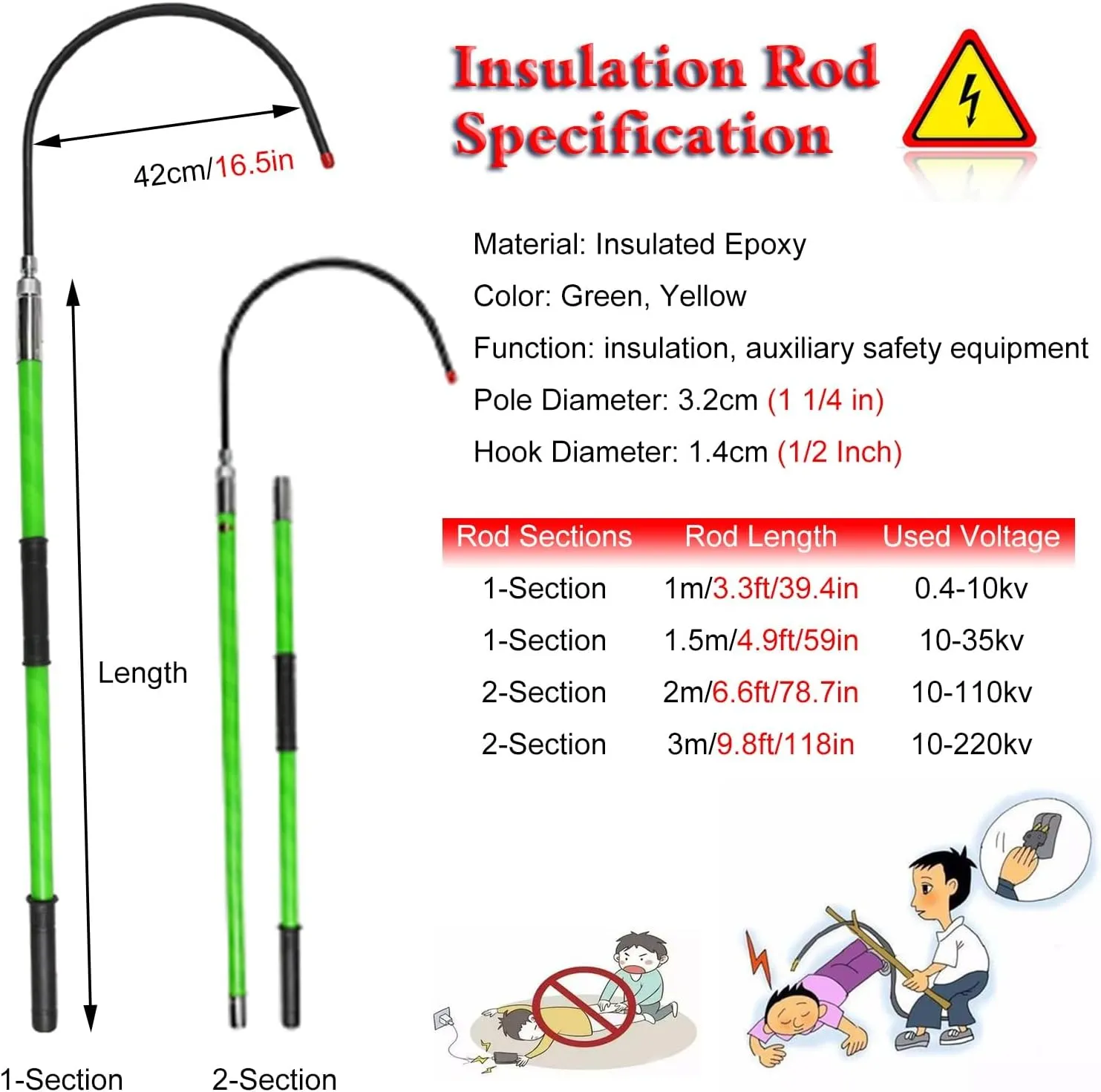 3 4 6 10 Ft Long Electrician Insulated Rescue Pole with 16 1/2in Hook, 10 35 110 220 KV High Voltage Safety Anti Electric Shock Rescue Rod, Portable Electrical Safety Tool(Yellow,150cm/4.9ft/59in)