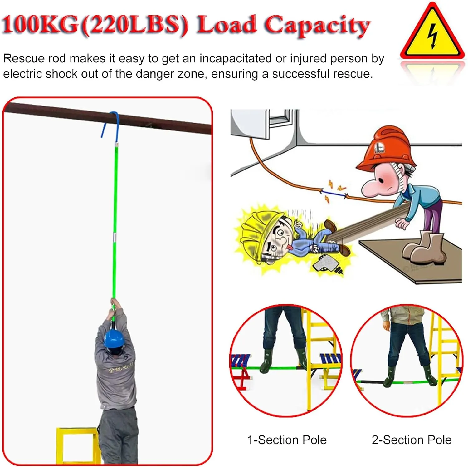 3 4 6 10 Ft Long Electrician Insulated Rescue Pole with 16 1/2in Hook, 10 35 110 220 KV High Voltage Safety Anti Electric Shock Rescue Rod, Portable Electrical Safety Tool(Yellow,150cm/4.9ft/59in)