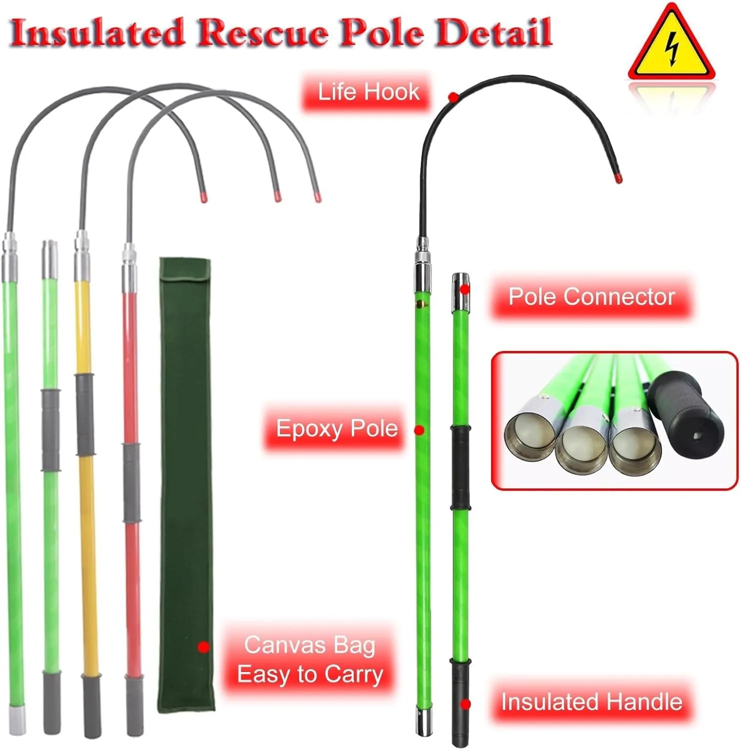 3 4 6 10 Ft Long Electrician Insulated Rescue Pole with 16 1/2in Hook, 10 35 110 220 KV High Voltage Safety Anti Electric Shock Rescue Rod, Portable Electrical Safety Tool(Yellow,150cm/4.9ft/59in)