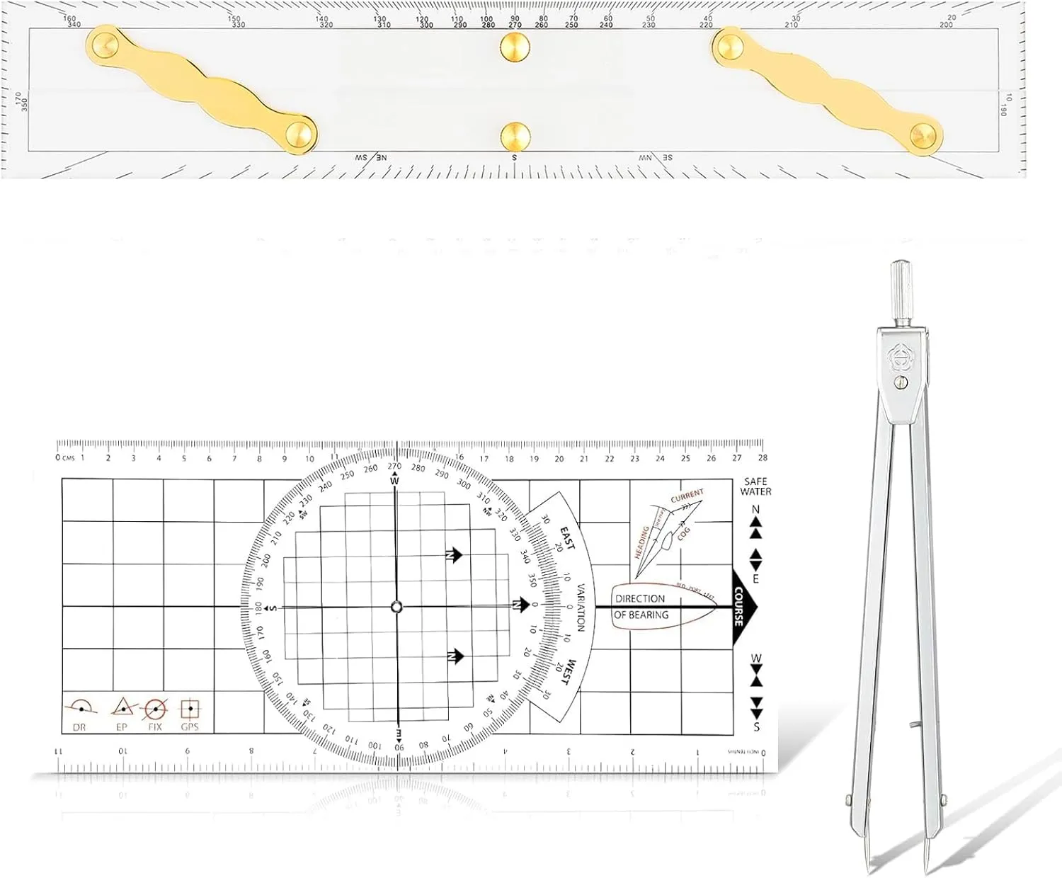 3 Pcs Basic Navigation Set,Including 15inch Parallel Ruler with Brass Arms, Nautical Protractor, and 6 Inch Marine Fixed Points Divider, Marine Accessories with Clear Scales for Boat