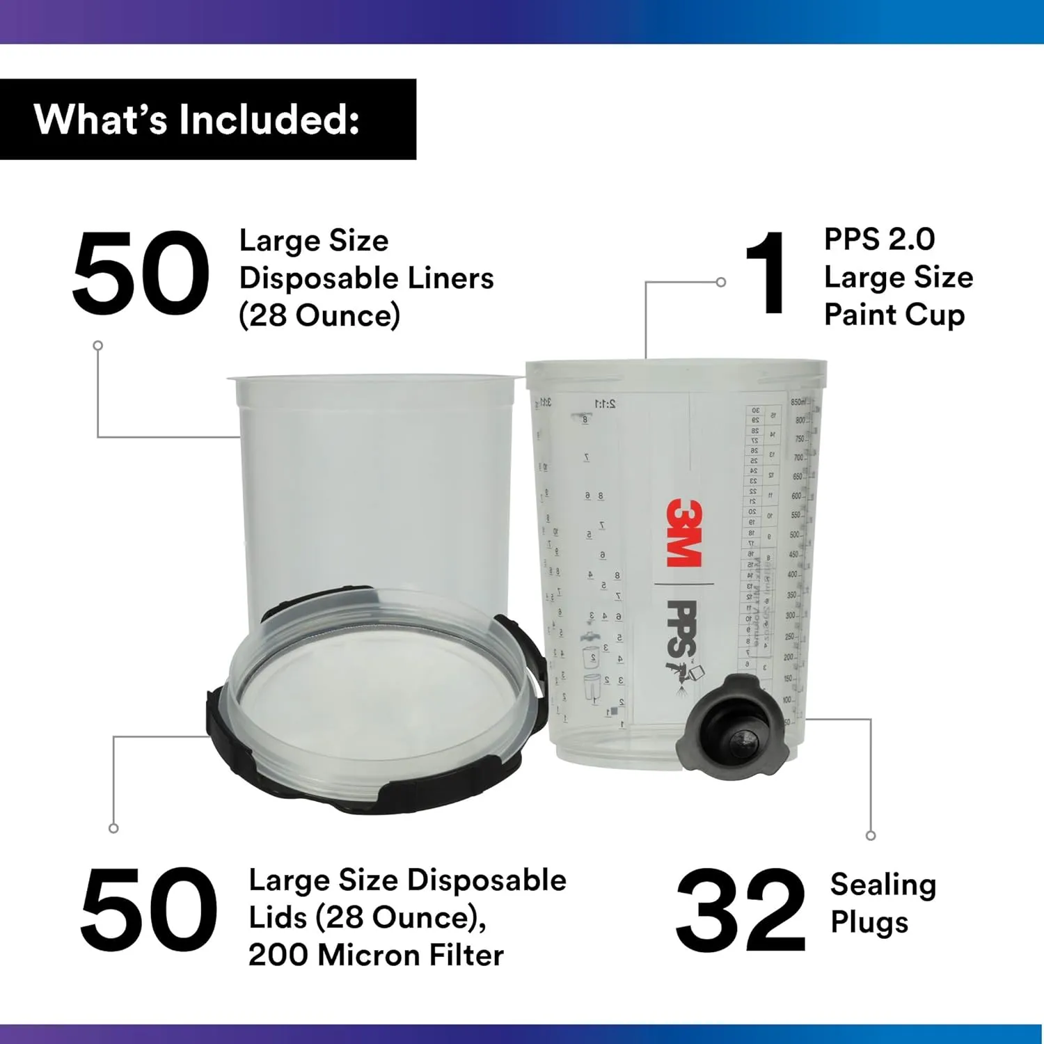 3M PPS 2.0 Spray Gun Cup, Lids and Liners Kit, 26024, Large, 28 Ounces, 200-Micron Filter, Use for Cars, Furniture, House and More, 1 Paint Cup, 50 Disposable Lids and Liners, 32 Sealing Plugs