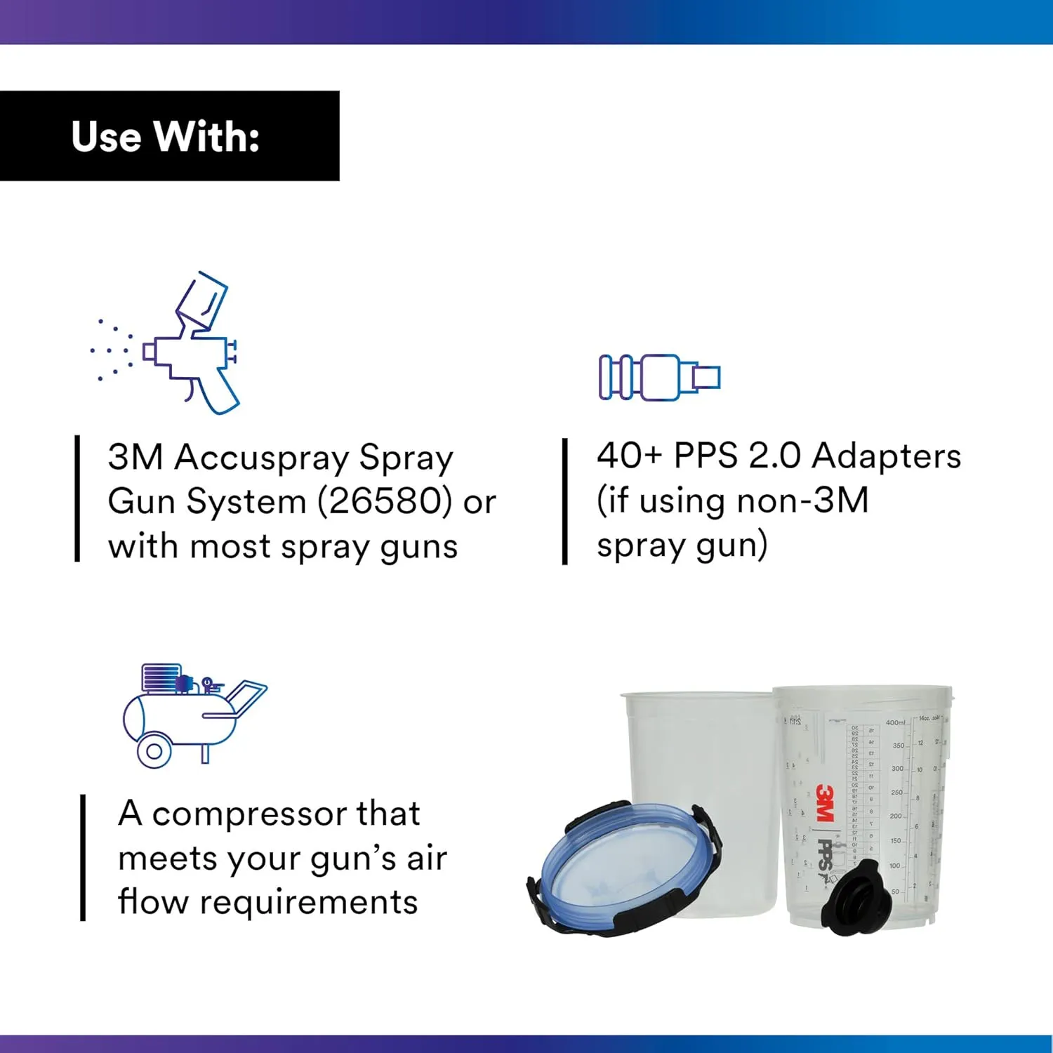 3M PPS 2.0 Spray Gun Cup, Lids and Liners Kit, 26312, Midi, 13.5 Ounces, 125-Micron Filter, Use for Cars, Furniture, House and More, 1 Paint Cup, 50 Disposable Lids and Liners, 32 Sealing Plugs