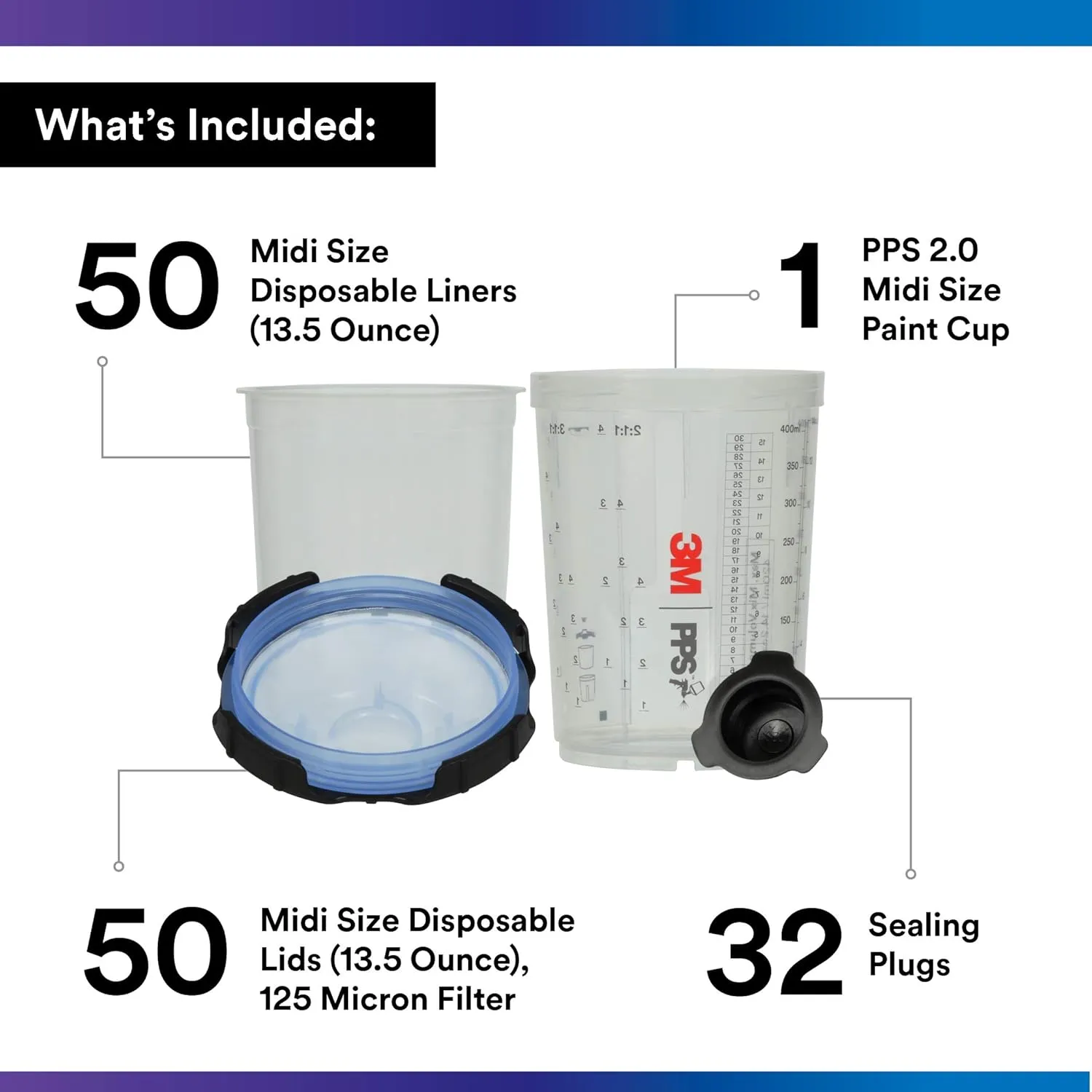 3M PPS 2.0 Spray Gun Cup, Lids and Liners Kit, 26312, Midi, 13.5 Ounces, 125-Micron Filter, Use for Cars, Furniture, House and More, 1 Paint Cup, 50 Disposable Lids and Liners, 32 Sealing Plugs
